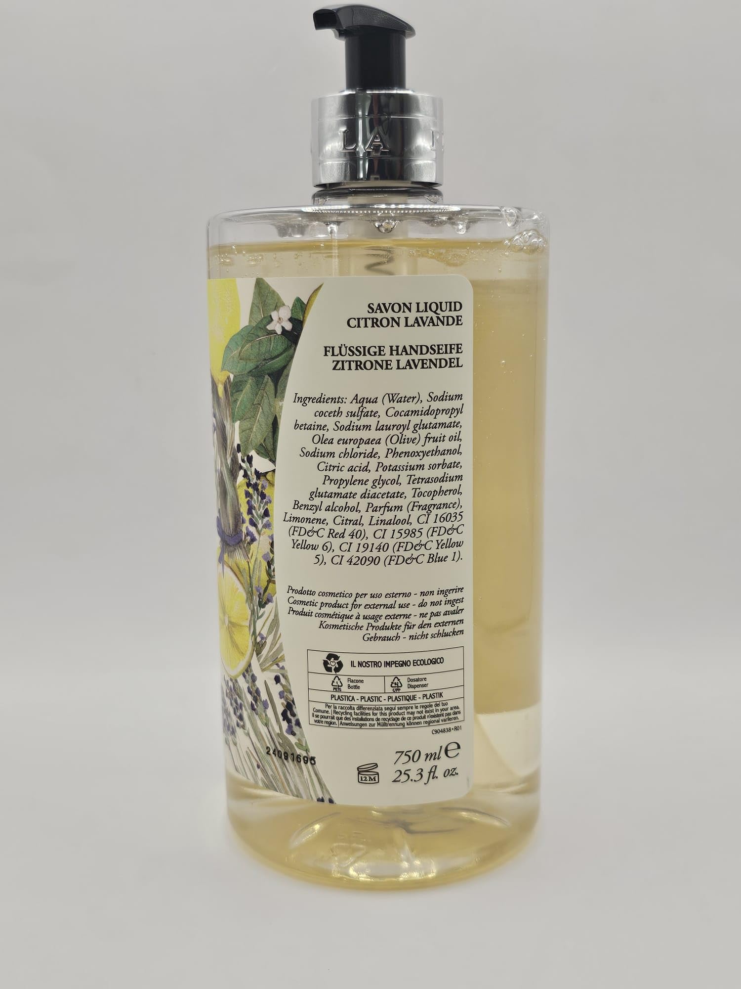 Lemon Lavender Hand Soap 25.3 Fl Oz - Natural Italian-Made Liquid Hand Wash for Bathroom & Kitchen - Refreshing Scent for Home, Office & Spa Use