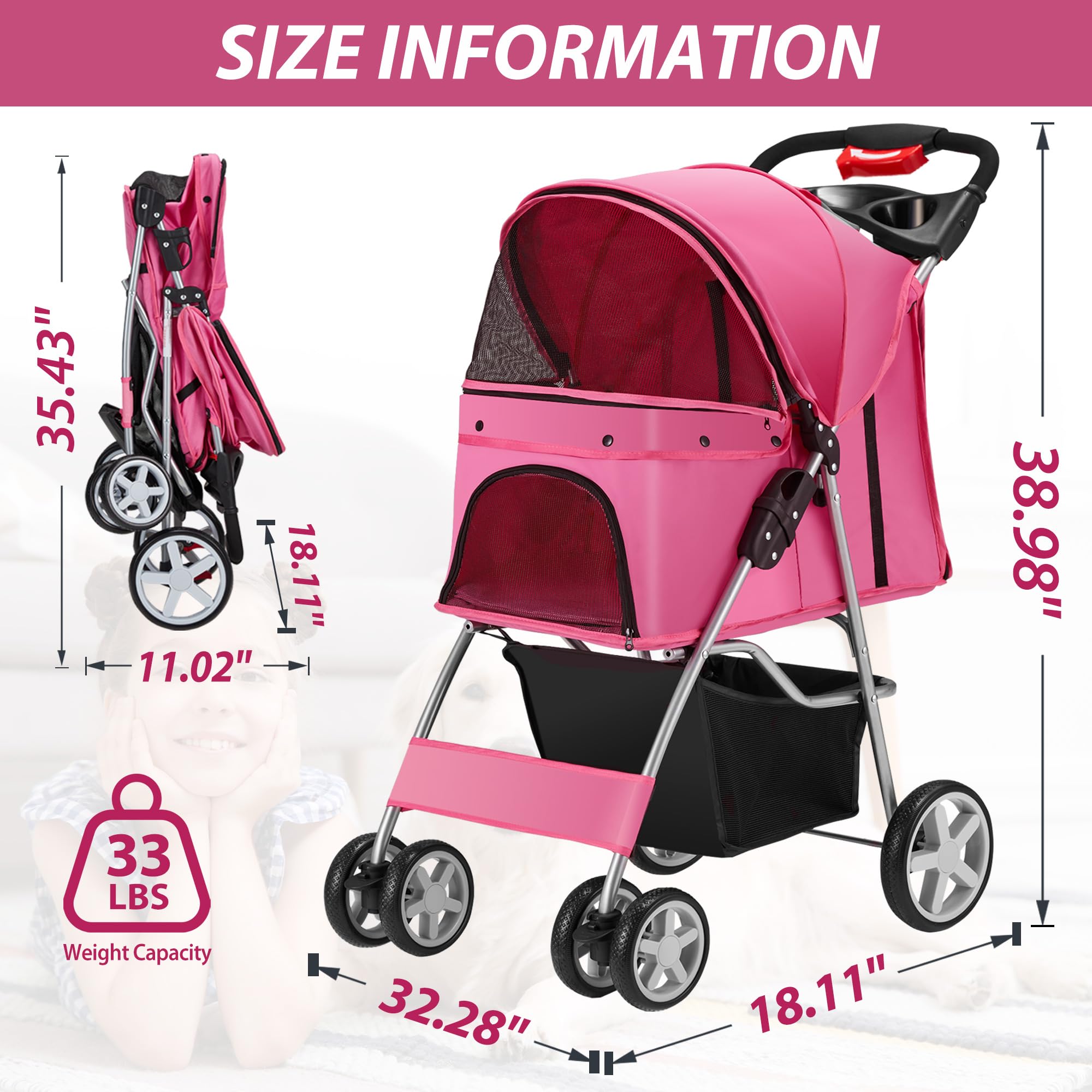 4 Wheels Foldable Pet Stroller for Small & Medium Dogs Cats (10-33 lbs) - Lightweight Dog Cat Carrier with Cup Holder, Storage Basket & Breathable Mesh - All-Season Pet Strolling Cart (Pink) - Perfect for Park Walks, Vet Visits & Shopping Trips