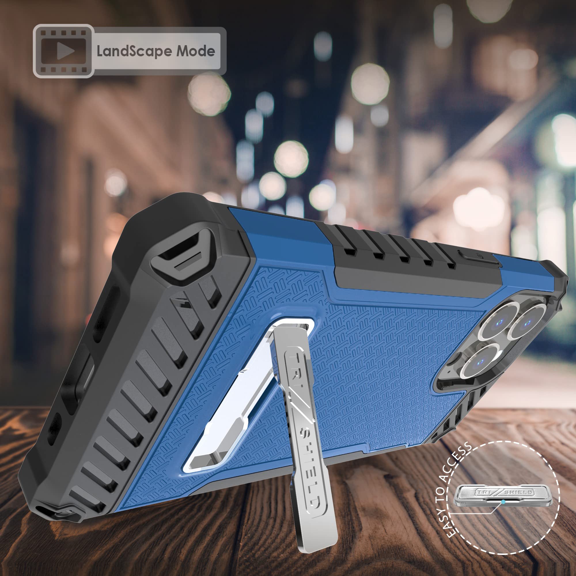 Military Grade Tri-Shield iPhone 13 Pro Max Case with Metal Kickstand - Shockproof Rugged Cover, Includes Wrist Strap Lanyard & Belt Clip Holster (Blue) - Perfect for Outdoor Adventures, Construction Work & Extreme Sports Protection