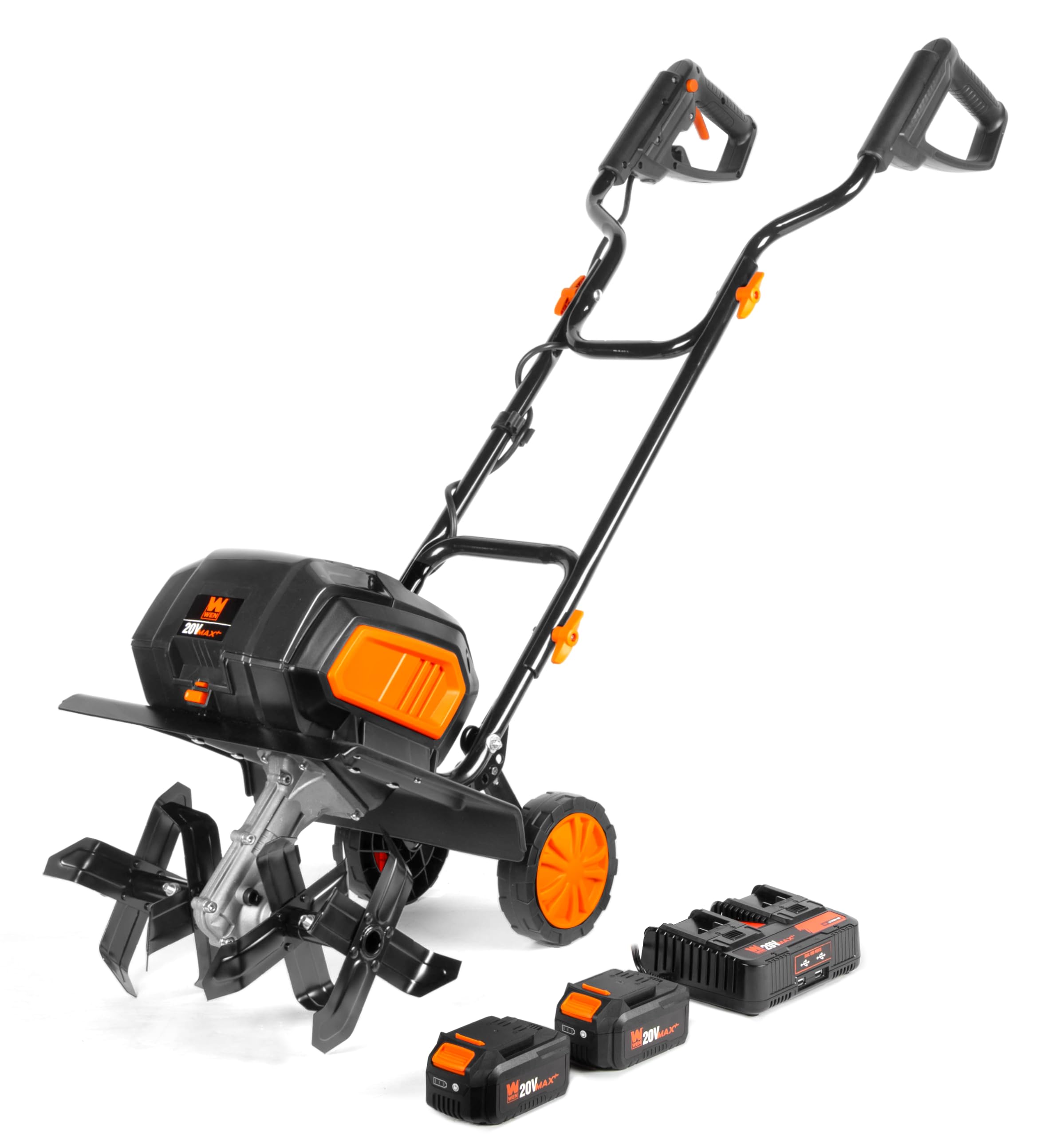 WEN 20V Max Cordless 14-Inch Brushless Electric Tiller with Two 4.0Ah Batteries & Dual-Port Fast Charger (Model 20724) - Perfect for Garden Soil Cultivation, Flower Beds & Small Farm Land Preparation