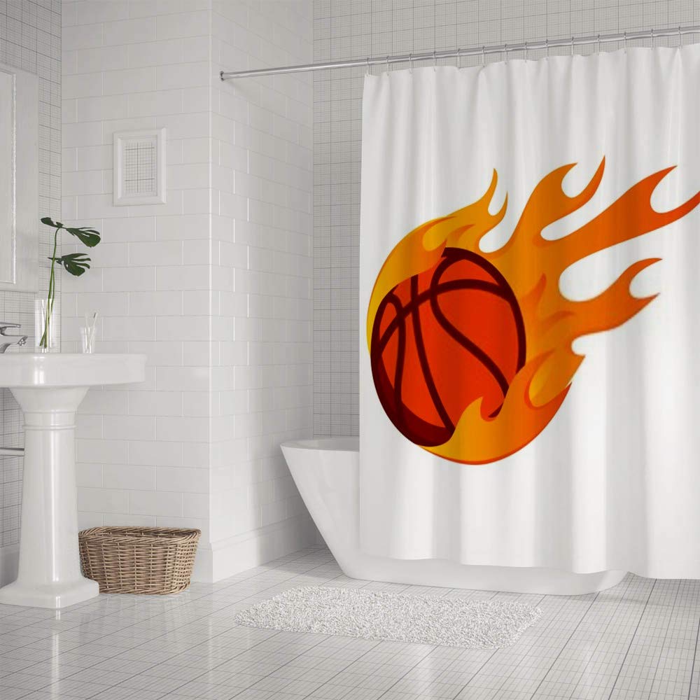 Flaming Basketball Shower Curtain - Waterproof Polyester Fabric Bathroom Curtain with 12 Hooks for Showers, Stalls & Bathtubs - Perfect for Sports-Themed Bathrooms & Kids' Rooms