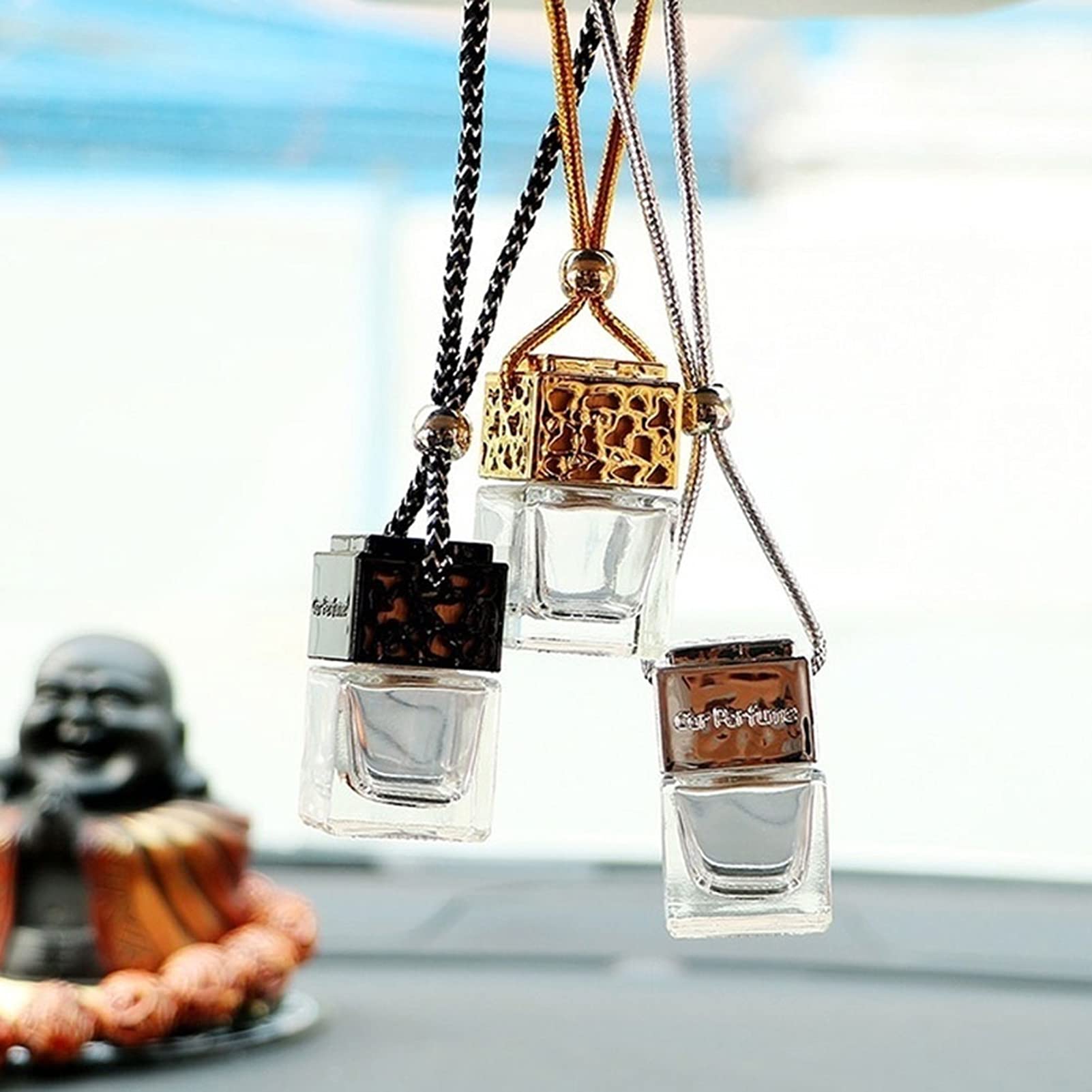 Refillable Glass Car Air Freshener Bottle - Essential Oil Diffuser & Perfume Spray for Vehicles - Black Hanging Air Purifier for Home, Office & Car Interior