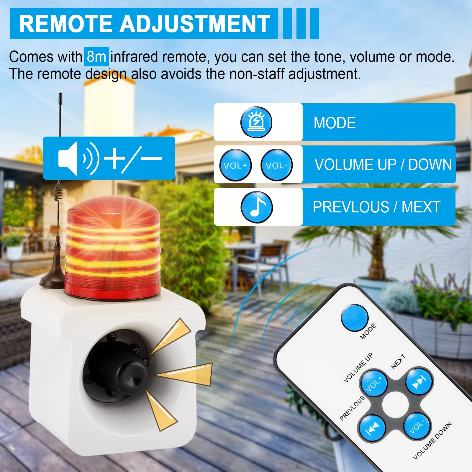 2000m Wireless Remote Control Outdoor Alarm Siren with 120dB Sound & Adjustable Strobe Light - Infrared Remote Included (110V) for Home Security, Warehouse Protection, and Emergency Alert Systems