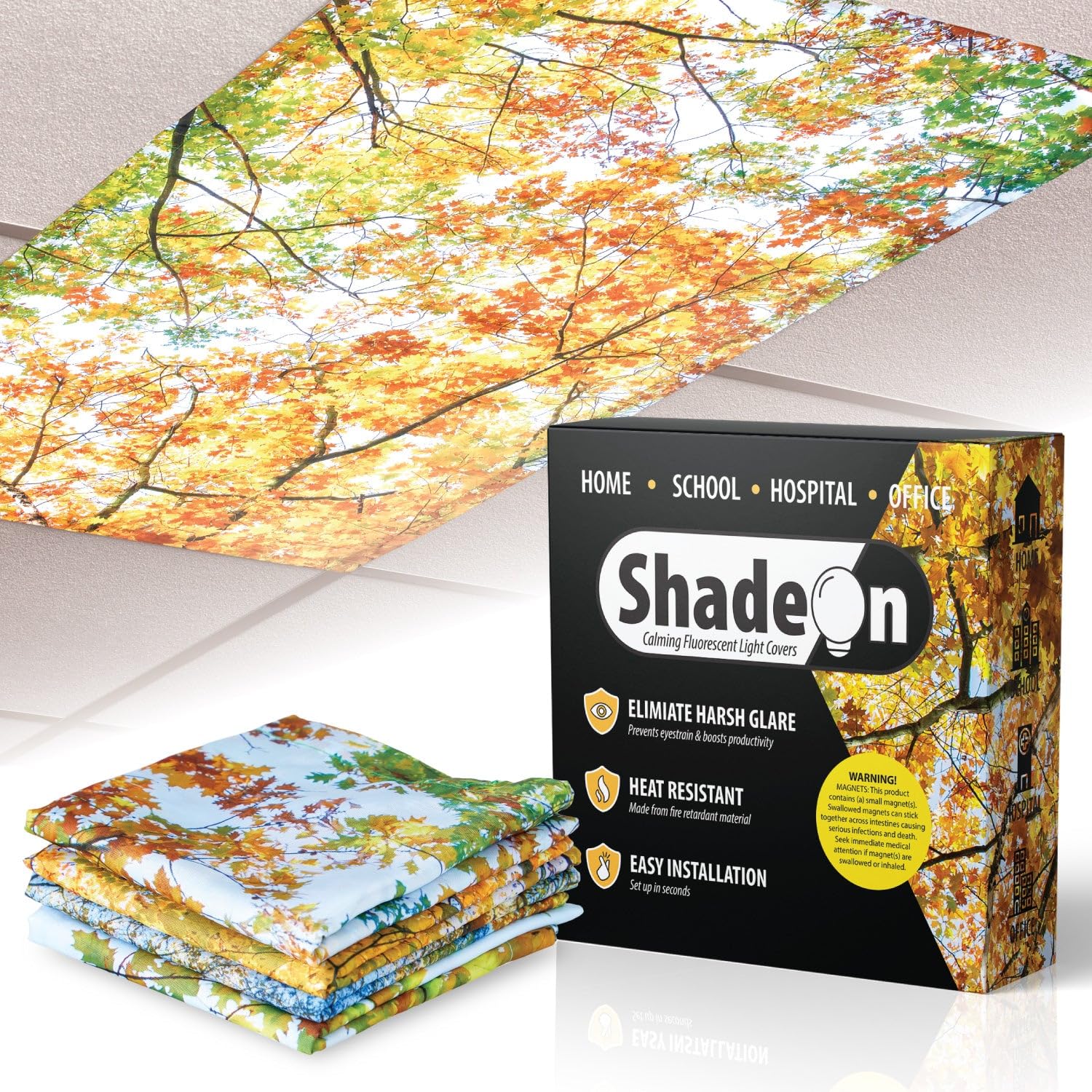 ShadeOn 2x4 ft Magnetic Fluorescent Light Covers (4-Pack) - Decorative Ceiling Light Panels for Classrooms & Offices - Autumn Leaves Design - Reduce Glare & Improve Lighting - Perfect for Schools, Offices, and Home Workspaces