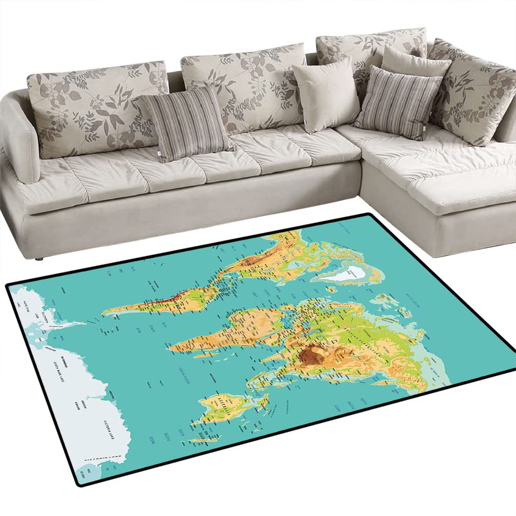 Premium World Map Area Rug - 6' x 9' Geography Continents Design Soft Carpet for Bedroom, Living Room & Office - Sea Green & Yellow - Perfect for Home Decor, Kids Education & Travel Enthusiasts