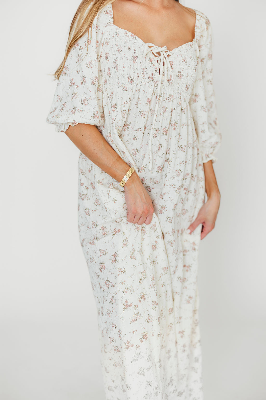 100% Cotton Smocked Maxi Dress for Women - Ivory/Mauve Floral Print | Bump Friendly Maternity Dress | Perfect for Summer, Beach Vacations & Special Occasions