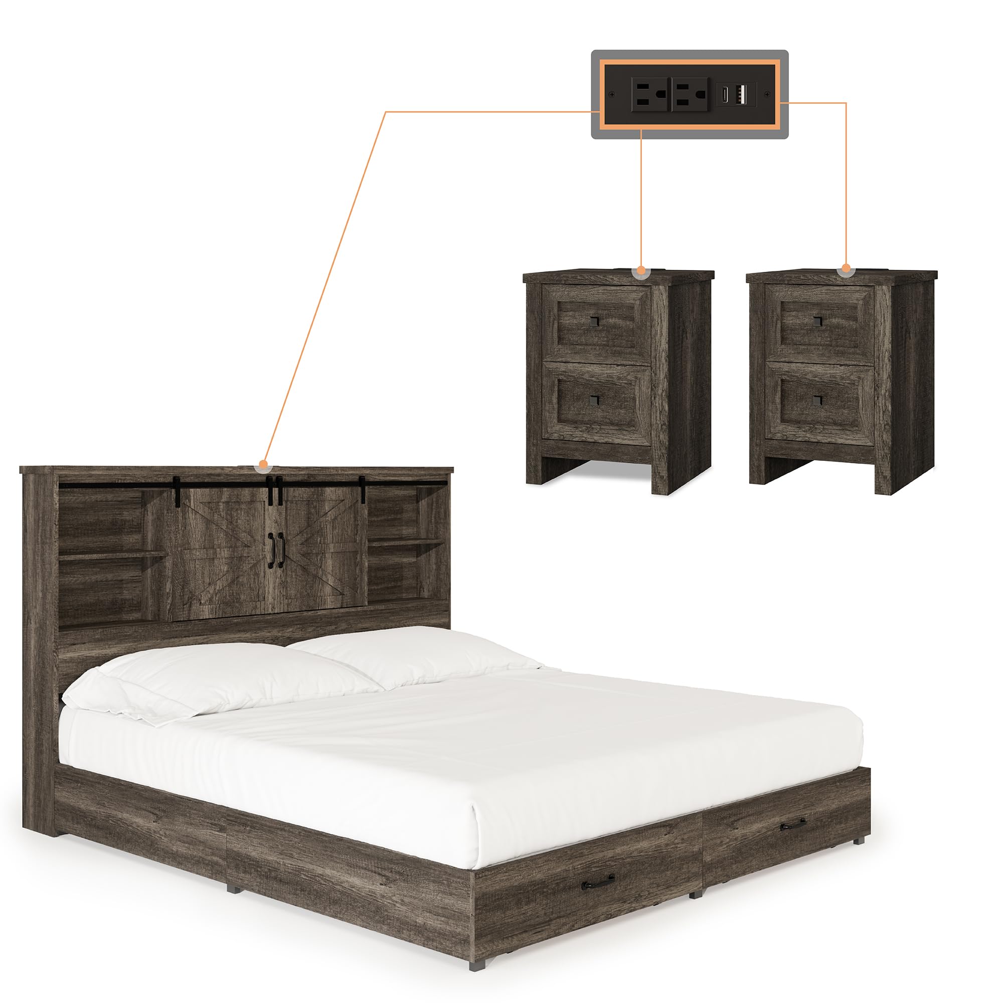 AMERLIFE Farmhouse Queen Bedroom Set - Wood Platform Bed with 51.2