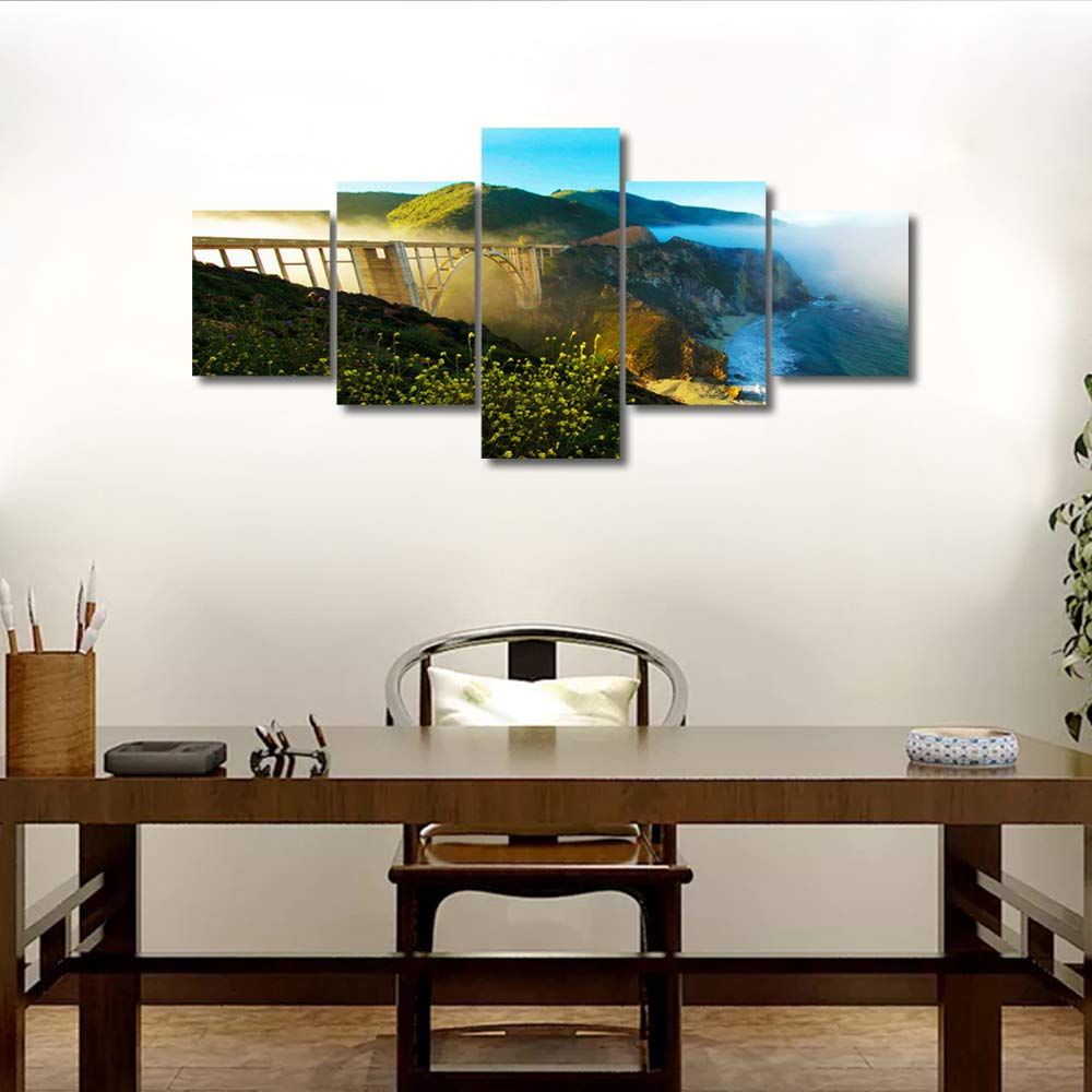 TUMOVO 5-Piece Framed Canvas Wall Art - Stunning California Coastal Bridge Seascape Painting, Ready to Hang for Living Room, Bedroom & Home Office Decor | Perfect for Beach House, Coastal Theme or Modern Interior Design