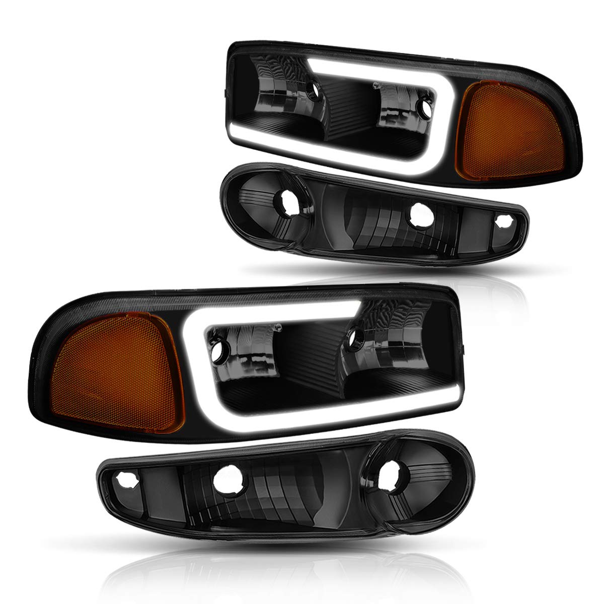 PM PERFORMOTOR 4Pcs Headlights Assembly with LED DRL & Bumper Lamps - Compatible with 2000-2006 GMC Sierra Yukon Denali, Black Housing & Smoked Lens - Upgrade for Night Driving & Off-Road Adventures