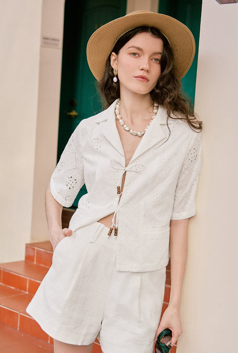 Nadia Women's Cotton Eyelet Blouse - White Lace Top for Casual Wear, Office & Summer Outfits