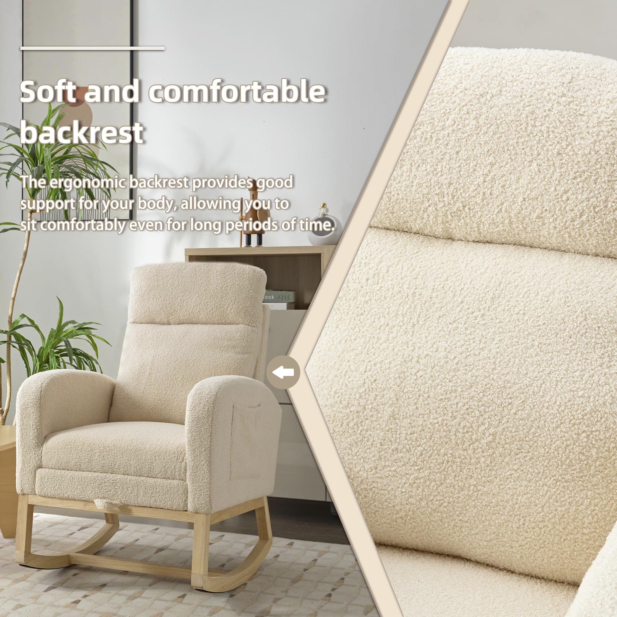 Teddy Upholstered Nursery Rocking Chair with Footrest - Solid Wood Glider Rocker with Side Pockets - Comfortable Armchair for Baby Nursery, Living Room, Bedroom & Lounge (Beige) - Perfect for Breastfeeding, Reading & Relaxing