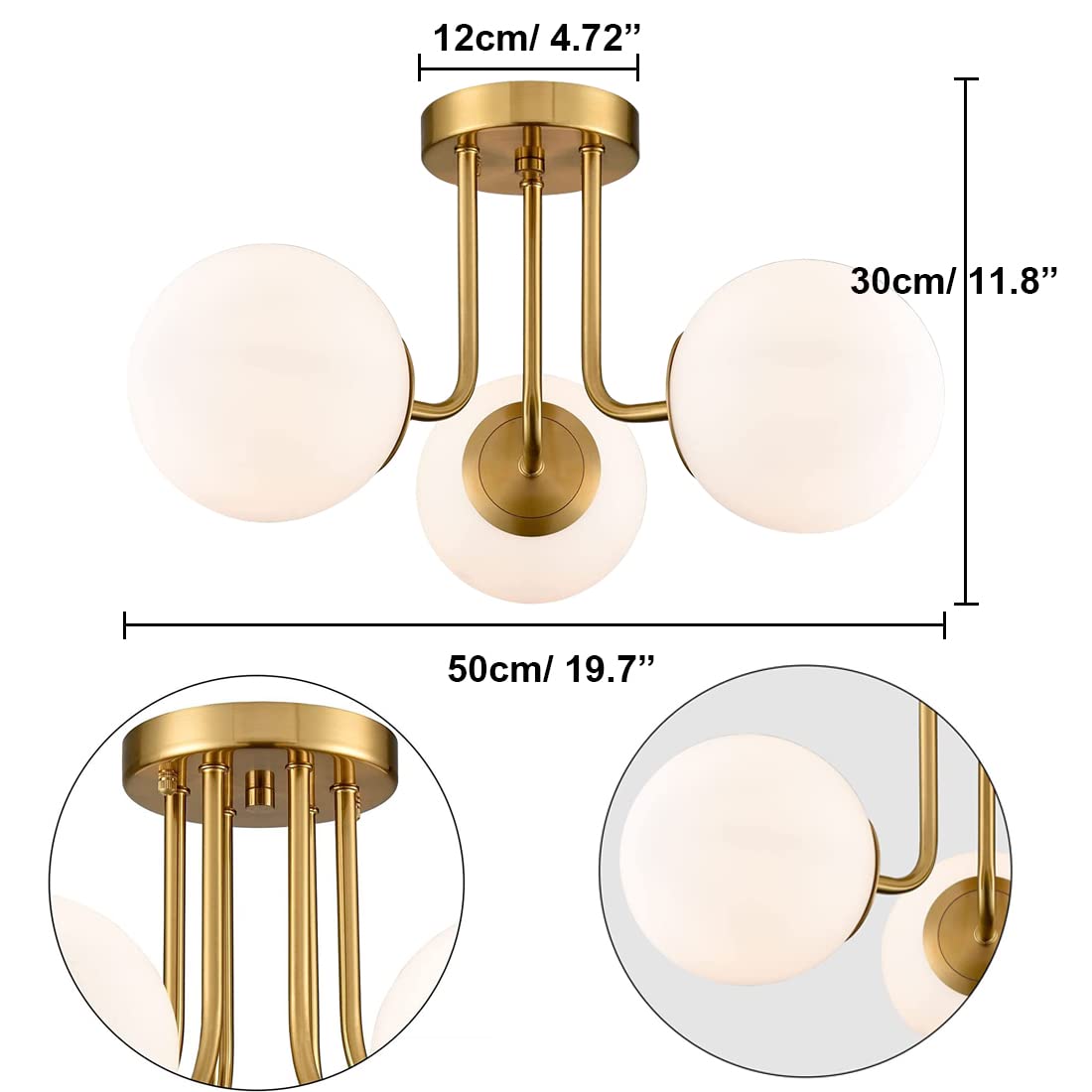 3-Light Gold Brushed Brass Sputnik Chandelier - Modern Glass Globe Flush Mount Ceiling Light Fixture for Bedroom, Living Room & Kitchen | Elegant Lighting for Dining Areas, Hallways & Home Decor