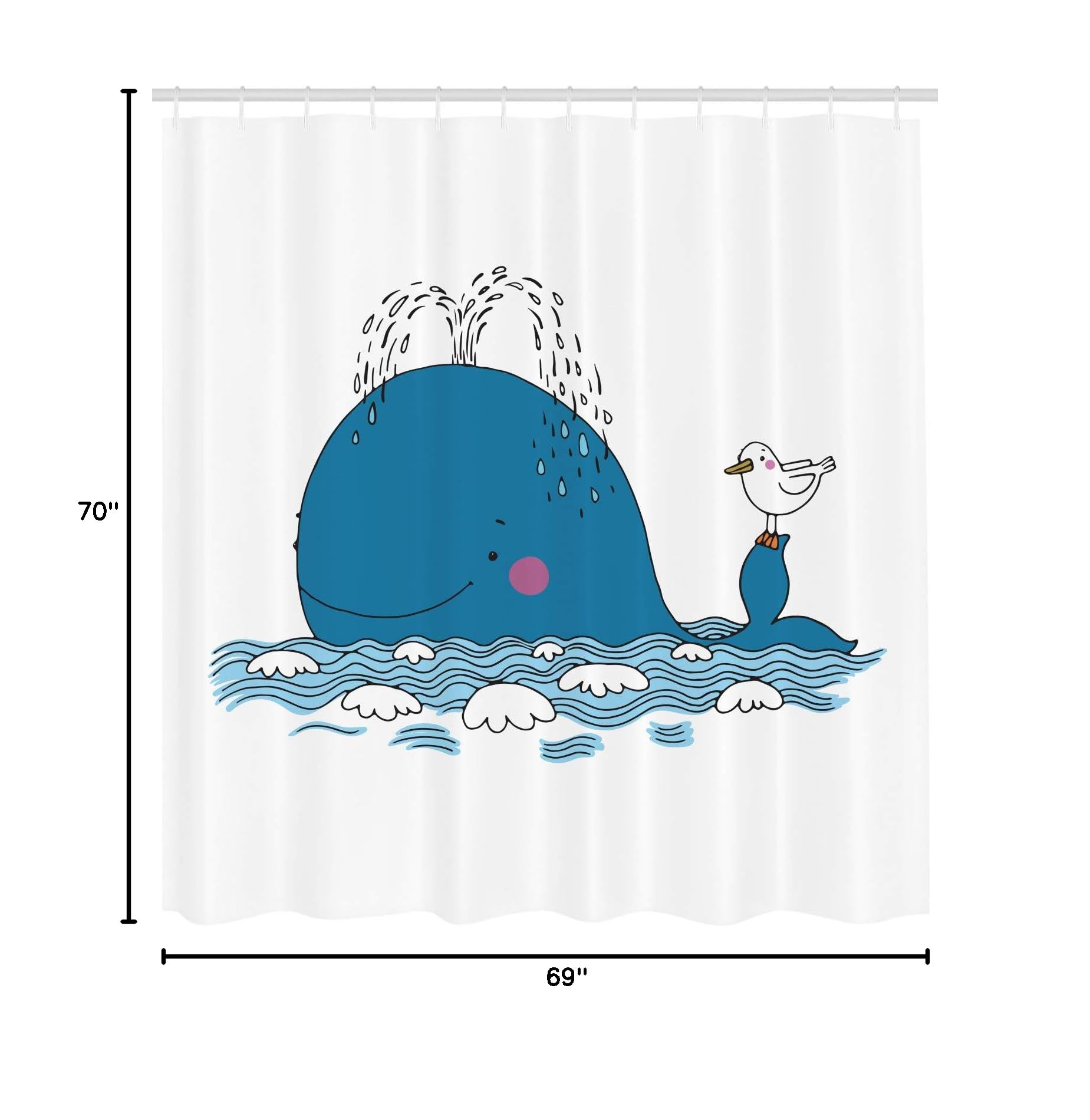 Ambesonne Whale Shower Curtain - Ocean Themed Bathroom Decor with Sea Mammal Caricature, Splashing Water & Seagull Design, 69x70 Inch Blue White Fabric Set with Hooks | Perfect for Beach House, Kids Bathroom or Nautical Theme Decor