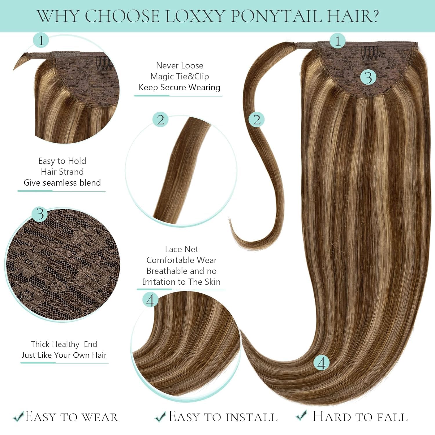Loxxy 20 Inch Human Hair Ponytail Extensions - 90g Chocolate Brown Mixed Strawberry Blonde, Natural Hair Ponytail with Magic Paste for Women | Perfect for Parties, Weddings & Everyday Styling