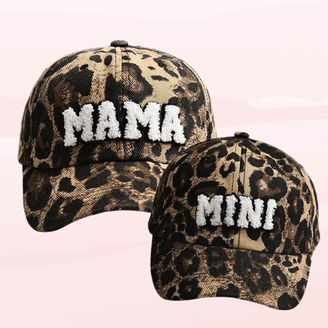 Leopard Print Matching Hats for Women and Kids - Mother Daughter Hats Set of 2, Embroidered Patch Mom and Son Hats, Mommy and Me Hats for Boys & Girls | Perfect for Family Photos, Outdoor Activities, and Mother-Child Bonding Moments