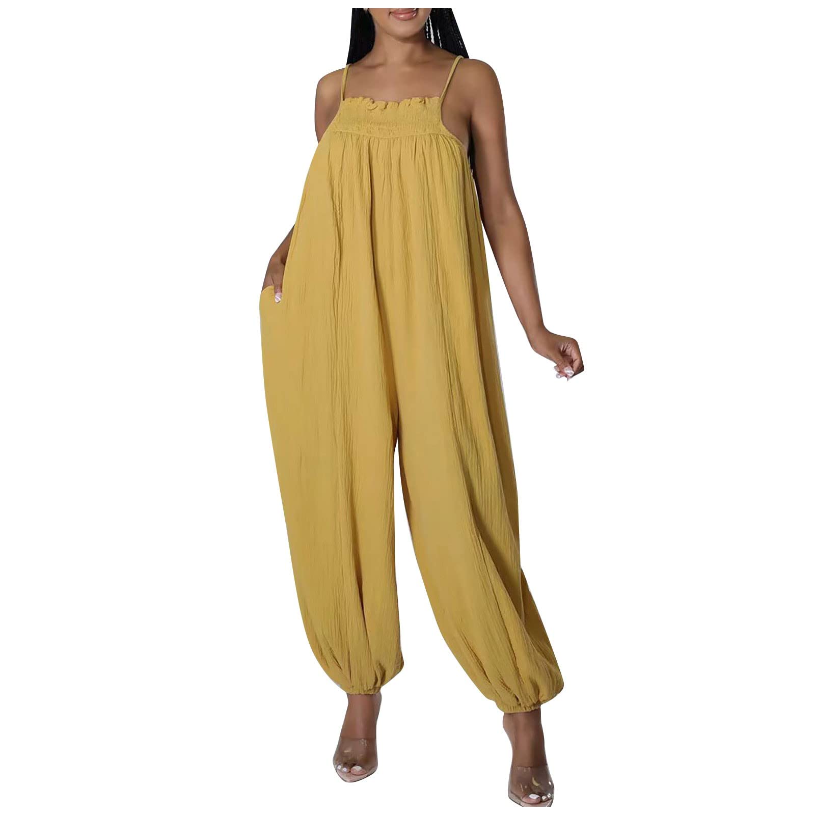 Women's Fashion Summer Solid Color Retro Strappy Wide Leg Jumpsuit Romper - Casual Outfit for Beach, Vacation & Street Style