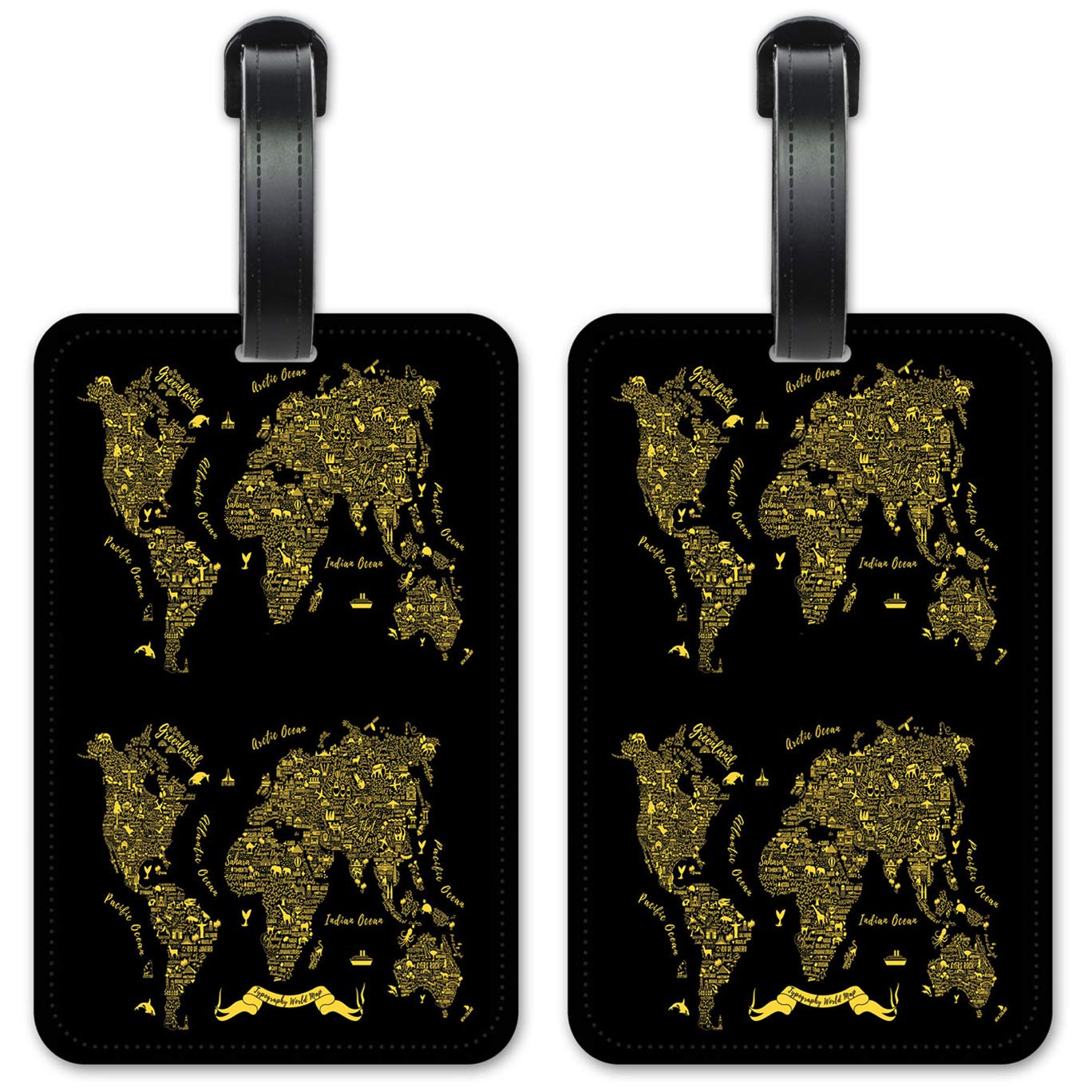 Stylish Typography World Map Luggage ID Tags - Durable Suitcase Identification Cards - Set of 2 for Travel & Vacation - Perfect for Airports, Cruises & Business Trips