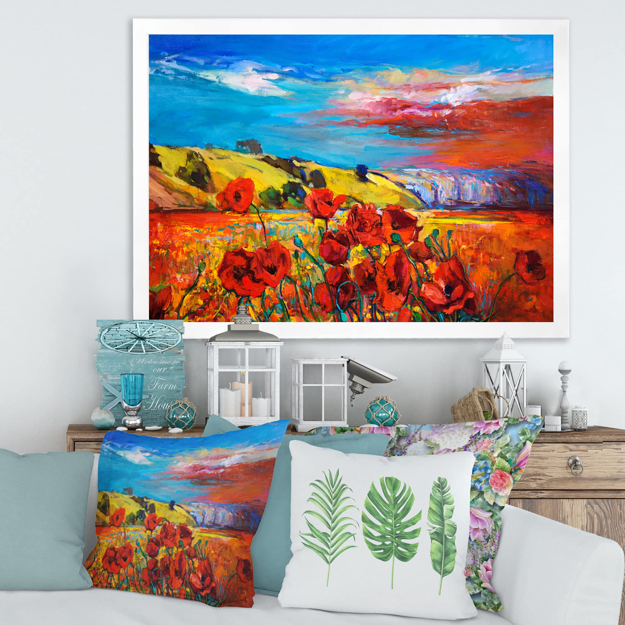 Traditional Framed Wall Art - Red Poppy Fields Under Blue Sky | Home & Office Decor | Perfect for Living Room, Bedroom, or Office