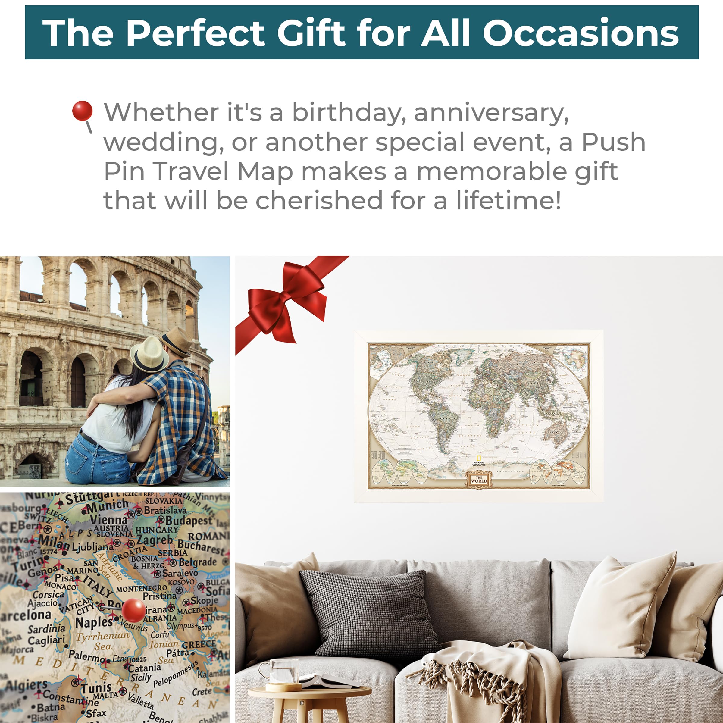 Custom Push Pin Travel Map - Personalized Framed World Map Wall Art with 150 Pins - Textured White Executive Style - Handmade in USA - 27.5