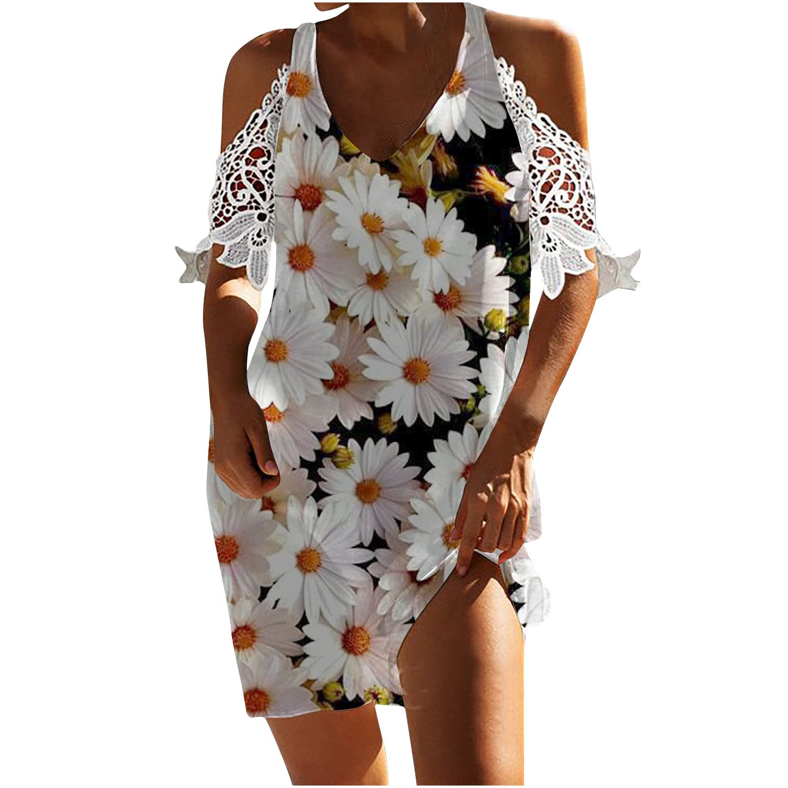 Ylioge Women's Sunflower Print Workout Dress - Sexy Lace Mesh Short Sleeve, Deep V Neck Off Shoulder Midi Dress for Yoga, Gym & Summer Outfits