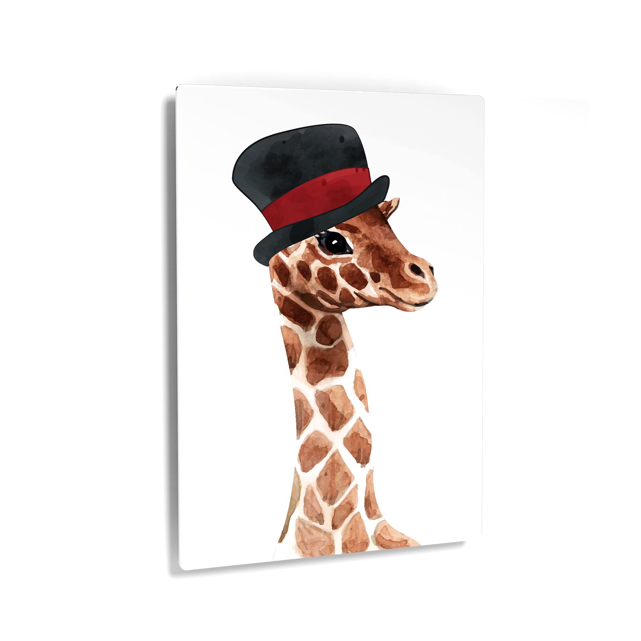 Cute Baby Giraffe Wearing Hat Watercolor Painting - Animal Metal Wall Art Print for Nursery, Kids Room & Living Room Decor - Nature Safari Tropical Wildlife Theme - Made in USA - 40x30 Inches - Perfect for Baby Showers, Birthday Gifts & Home Decoration