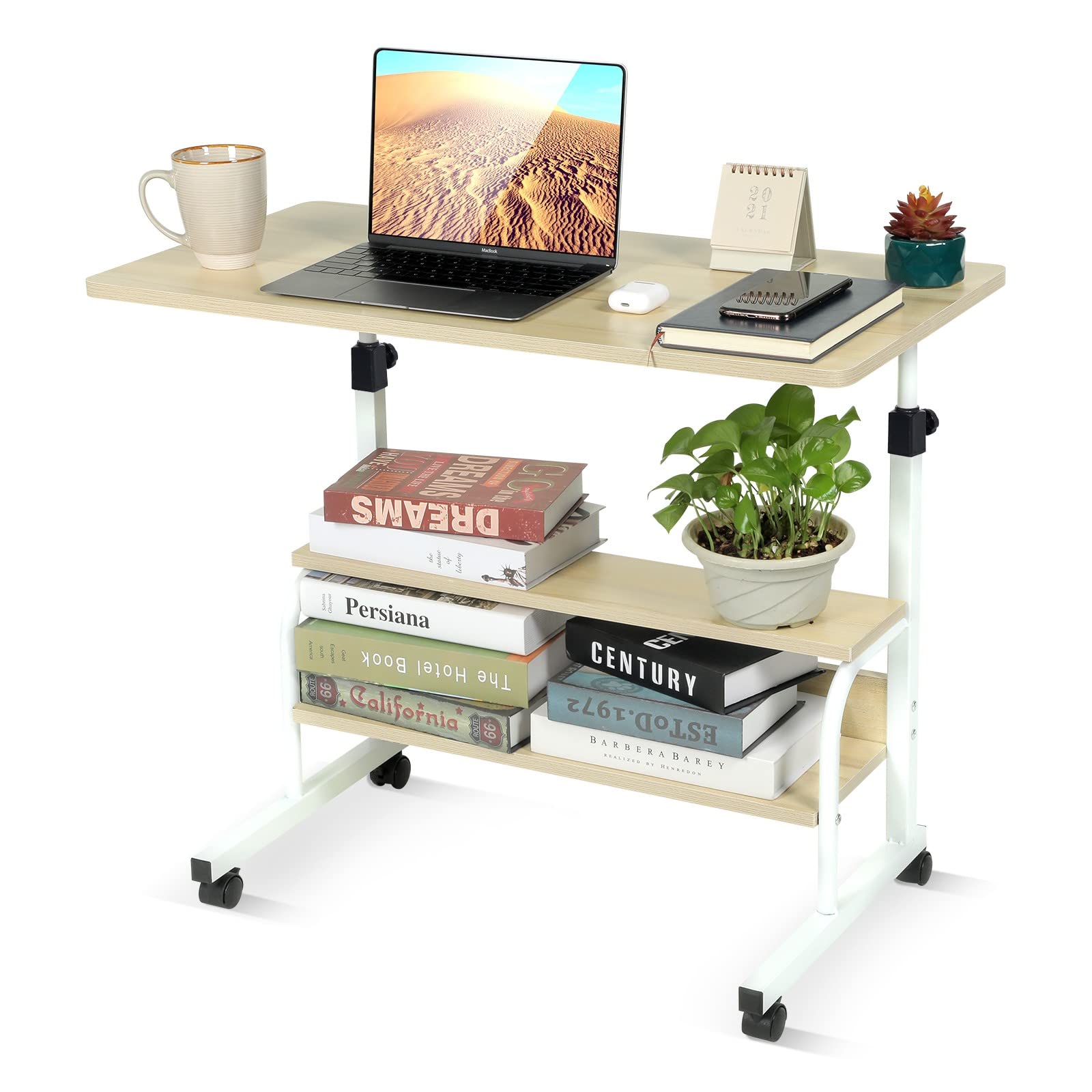 Portable Rolling Laptop Desk with Wheels - Adjustable Mobile Computer Table for Small Spaces, Home Office & Couch Use - Compact Workstation with Storage (Beige) | Perfect for Remote Work, Dorm Rooms & Bedside Workspaces