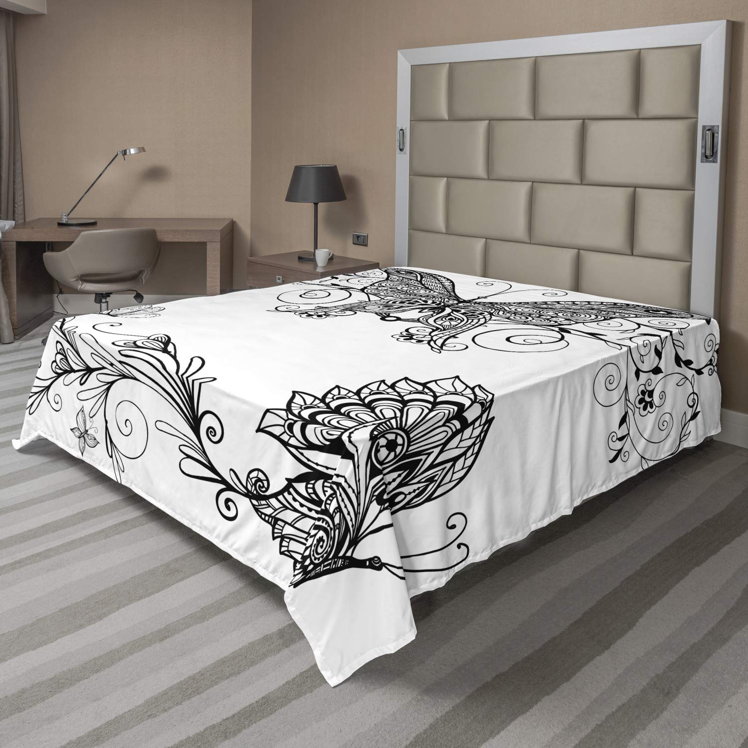 Ambesonne Bohemian King Size Flat Sheet - Black & White Butterfly Floral Mandala Pattern | Soft Comfortable Decorative Top Bedding | Perfect for Bohemian Bedroom Decor, Guest Rooms & Dorm Essentials