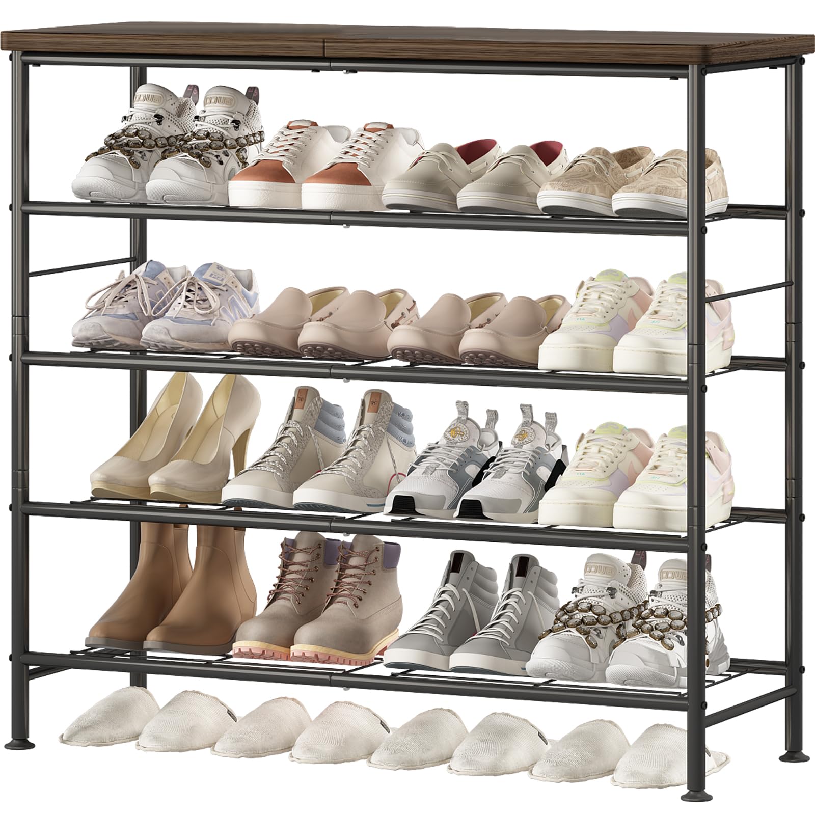 5-Tier Metal Shoe Rack Organizer with MDF Top - Free Standing Closet & Entryway Storage Shelf (Black/Rustic Brown) | Space-Saving Shoe Storage for Home, Office & Mudroom Organization