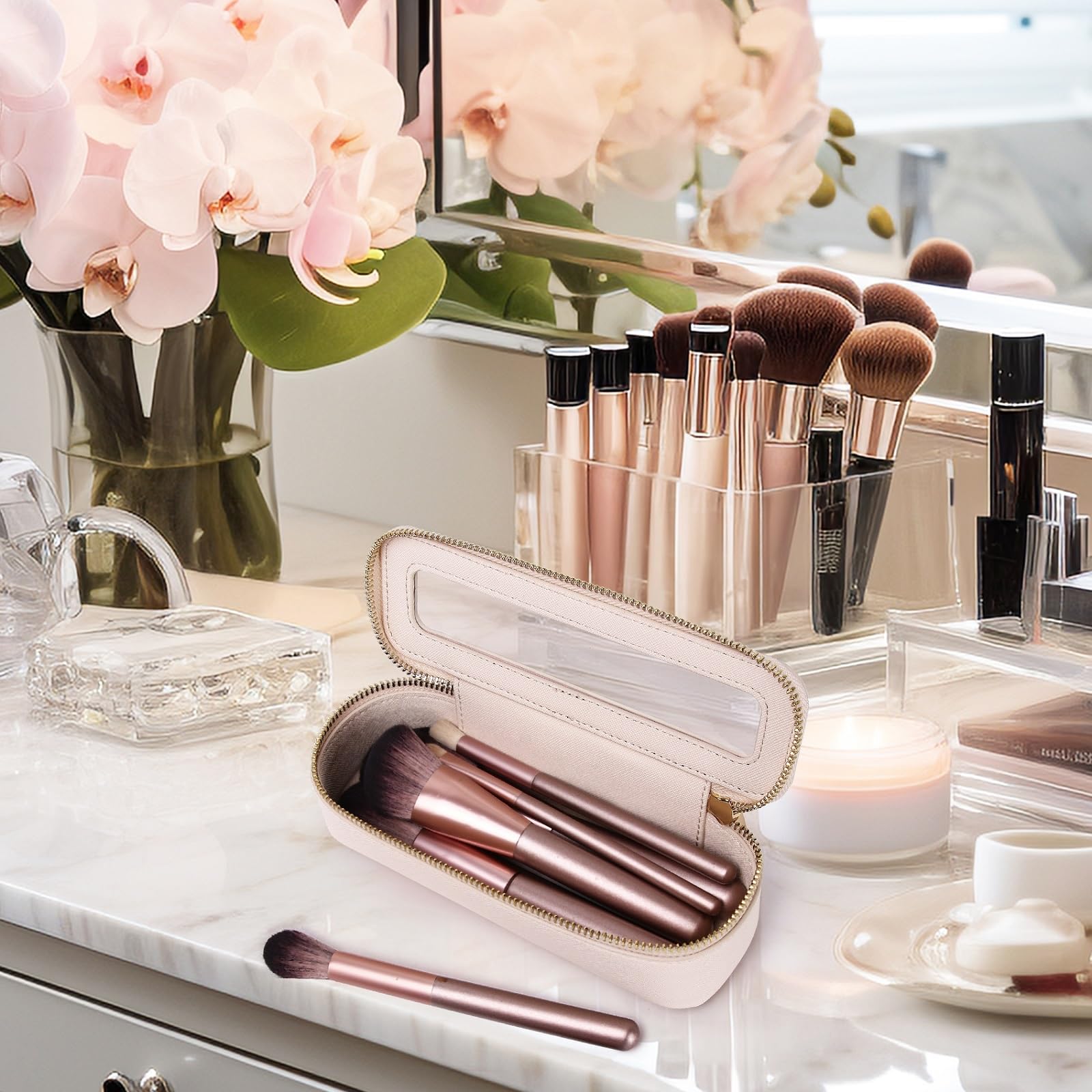 Clear Travel Makeup Brush Case - Slim Zippered Cosmetic Bag for Women | Car & Toiletry Organizer