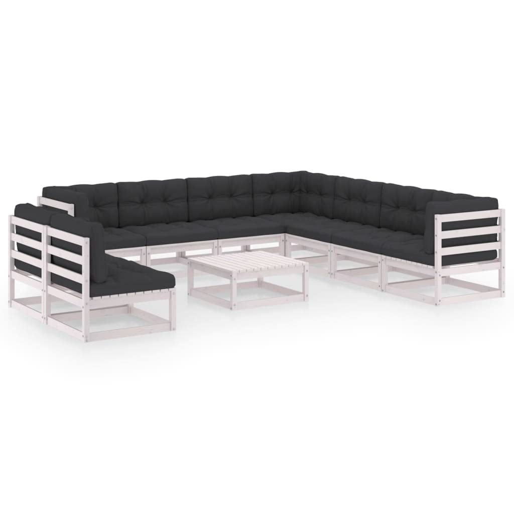 10-Piece vidaXL Patio Furniture Set - White Solid Pine Wood Outdoor Sectional Sofa with Cushions & Coffee Table - Perfect for Garden, Backyard, and Poolside Relaxation