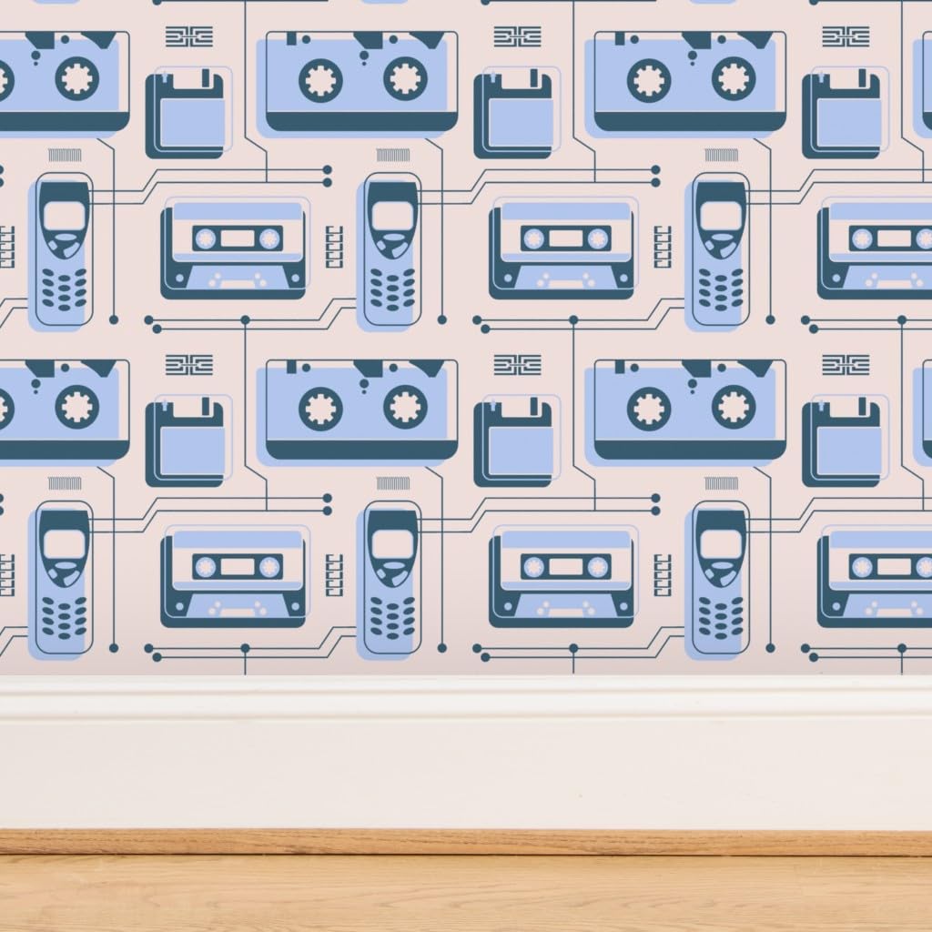 Premium Commercial Grade Wallpaper - 27ft x 2ft Roll, 2000S Light Blue & Dusty Pink Cassette Pattern, Traditional Phone Design by Spoonflower | Perfect for Living Rooms, Bedrooms, and Home Offices
