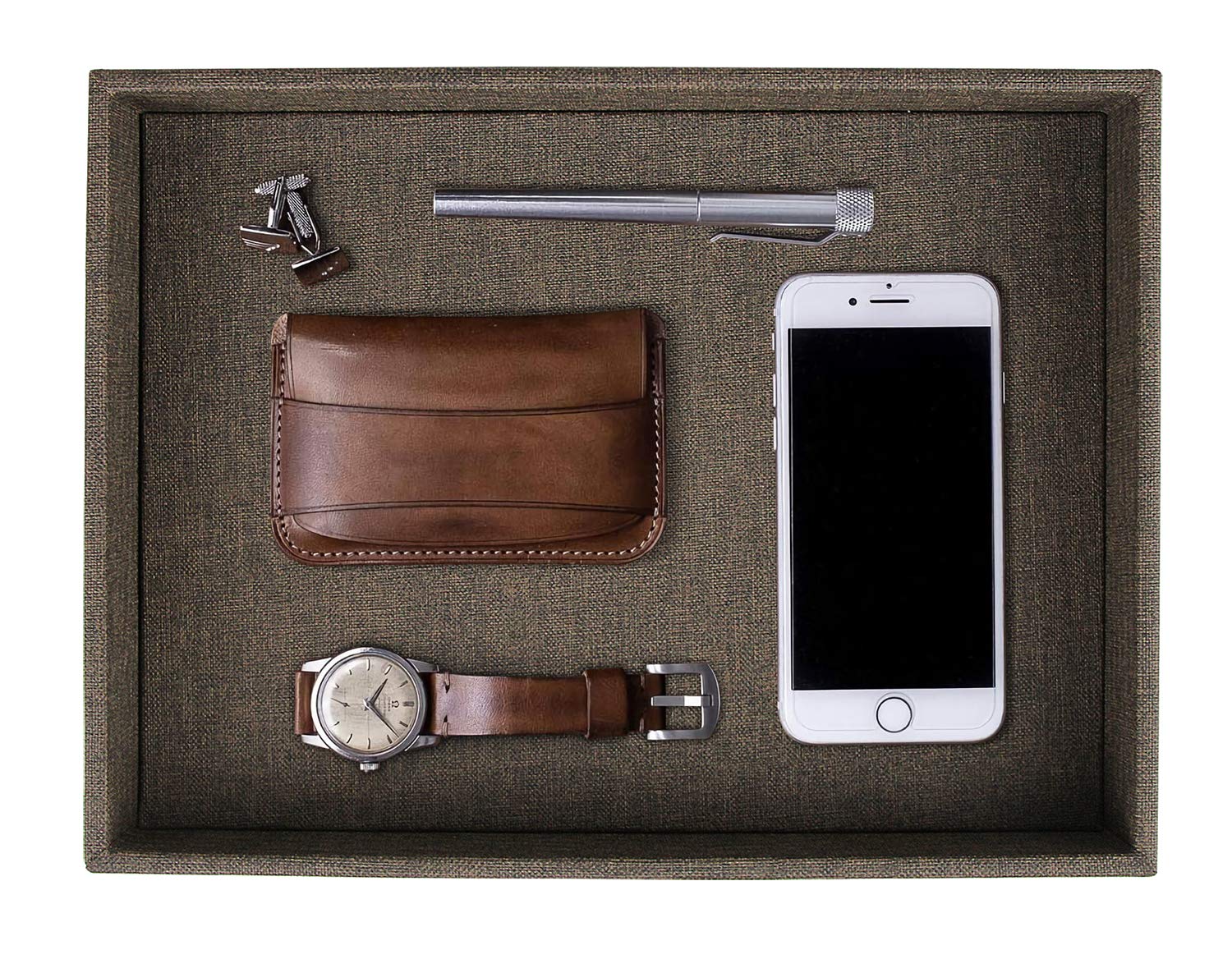 Premium HofferRuffer Leather Desktop Organizer Tray - Stylish Vanity Jewelry & Perfume Storage Box - Dresser Catchall Tray for Keys, Coins, Watches - Perfect for Home Office & Bedroom Decor (Brown Black Faux Leather)
