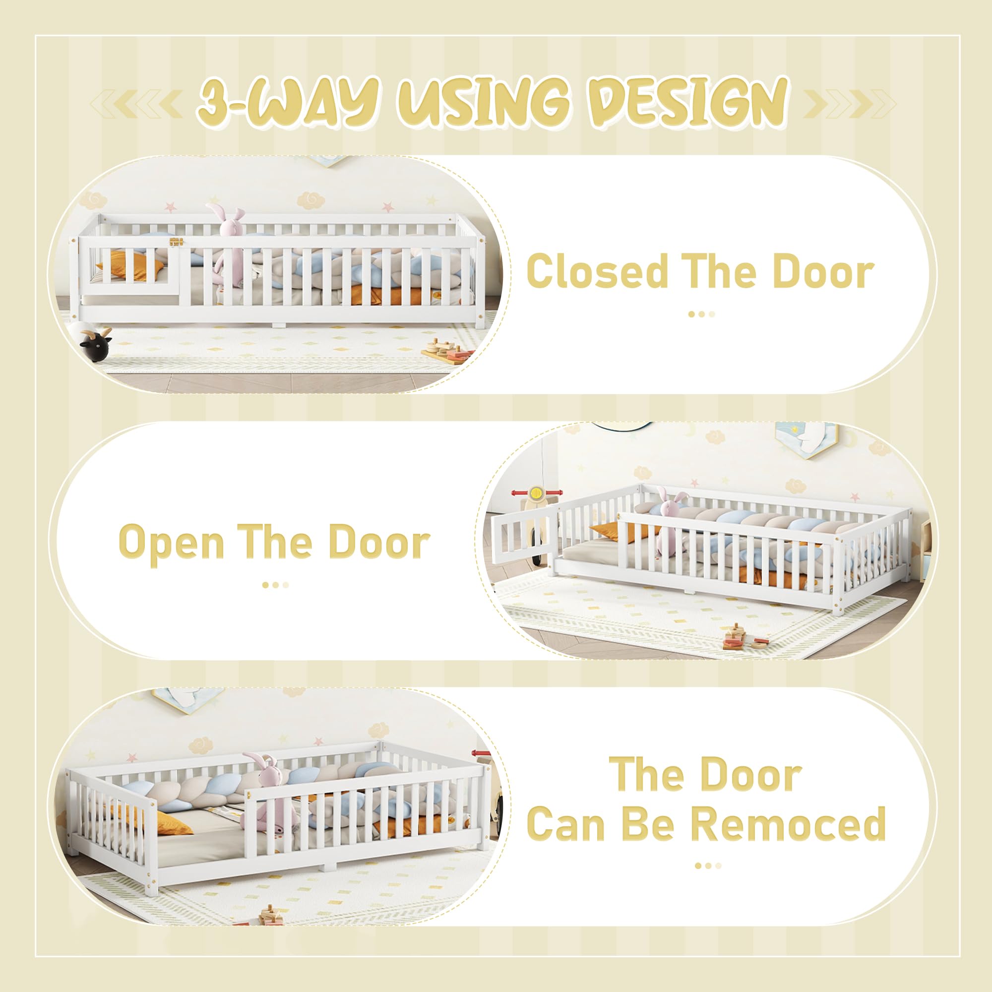 **Montessori Twin Size Floor Bed for Kids & Toddlers - Sturdy Solid Wood Frame with Safety Fence & Convertible Door - Playhouse Design for Bedroom, Nursery, or Playroom - White Twin Bed**