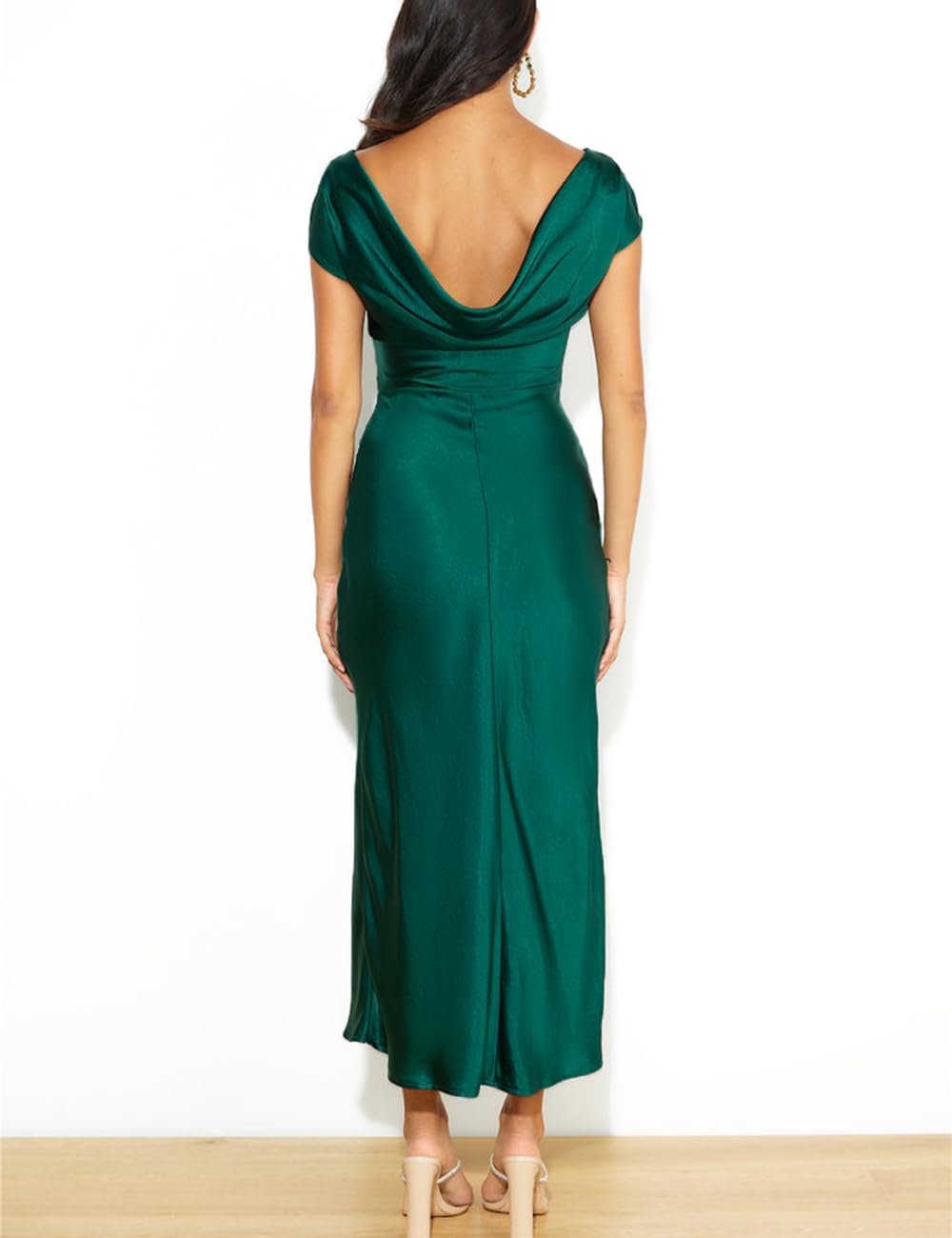 2025 Women's Satin Cap Sleeve Cowl Back Summer Dress - Elegant Ruched Waist Midi Dress for Wedding Guest, Party & Special Occasions