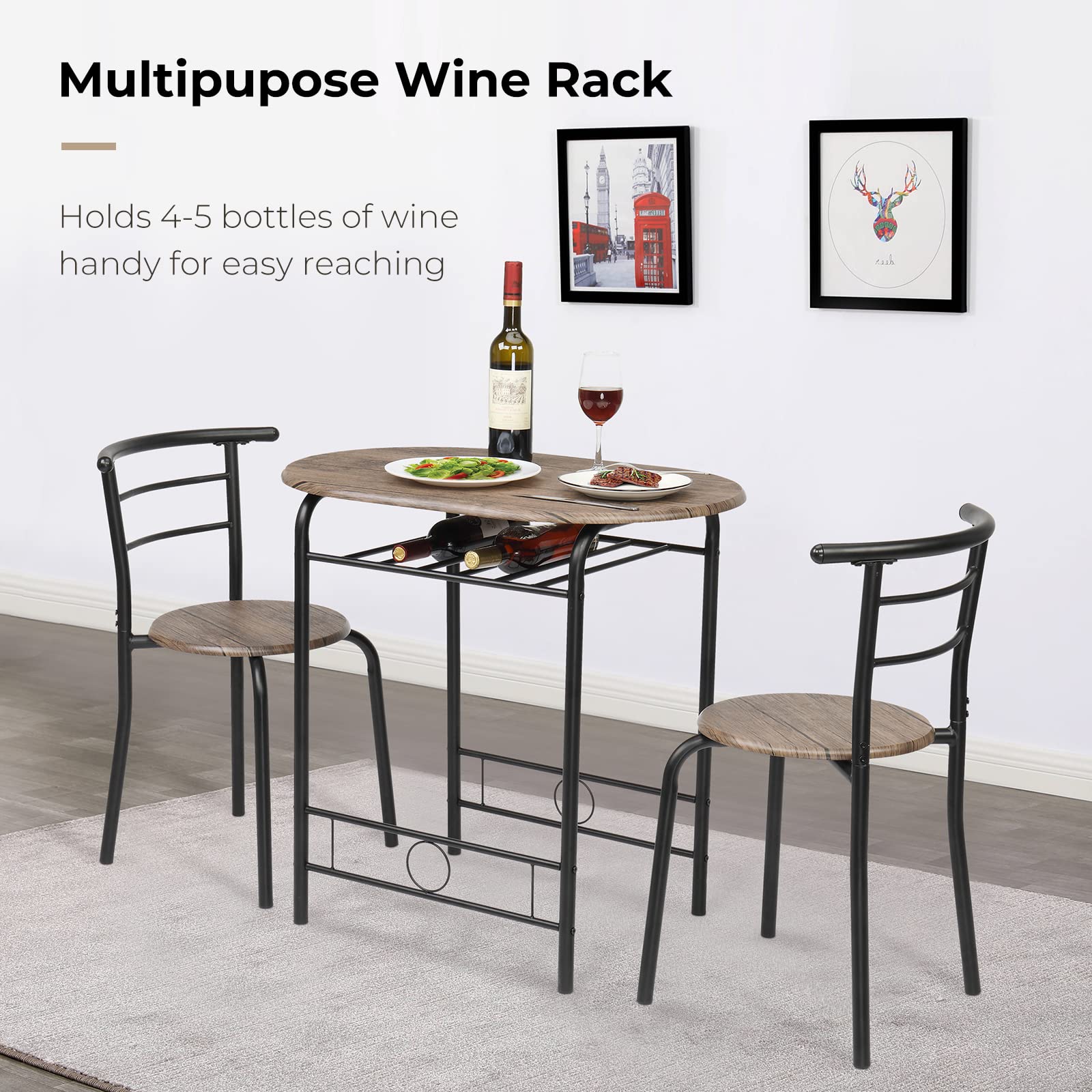 VINGLI 3-Piece Small Kitchen Dining Set for 2 - Wooden Table & 2 Chairs with Metal Frame & Wine Rack - Perfect for Breakfast Nook, Small Spaces, Apartments & Rustic Decor