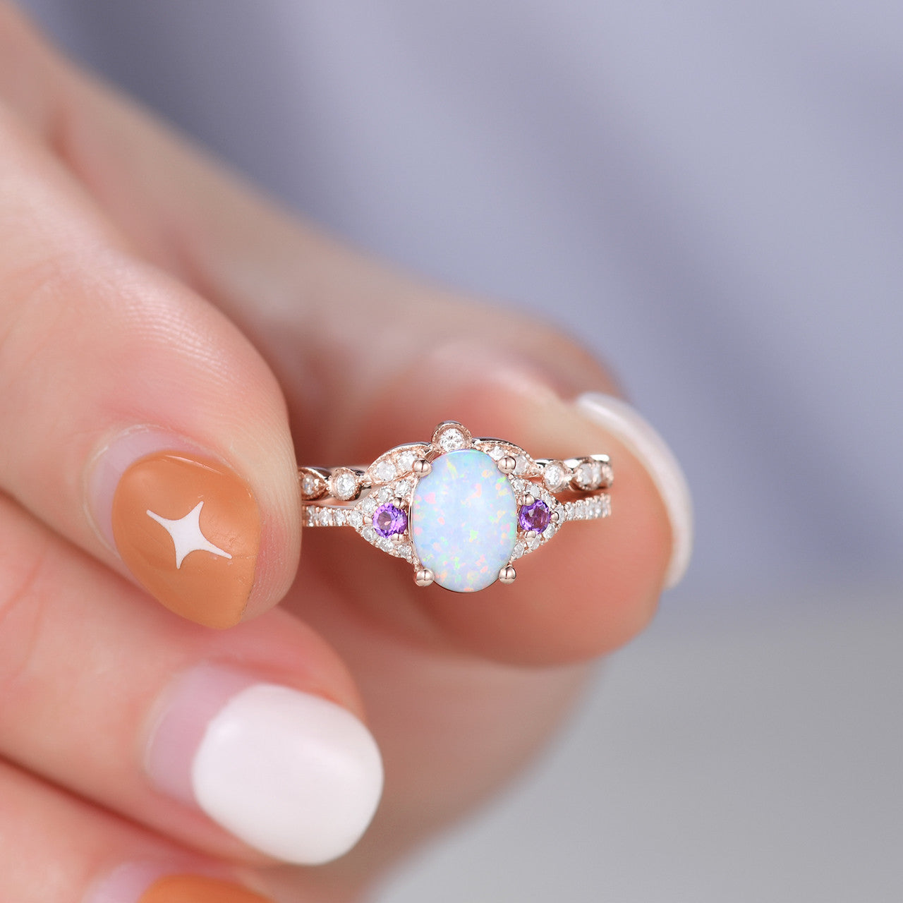 Vintage Art Deco Oval Opal Diamond Engagement Ring for Women - 14K Rose Gold Wedding Band with Amethyst Accent - Perfect for Proposals, Anniversaries & Special Occasions