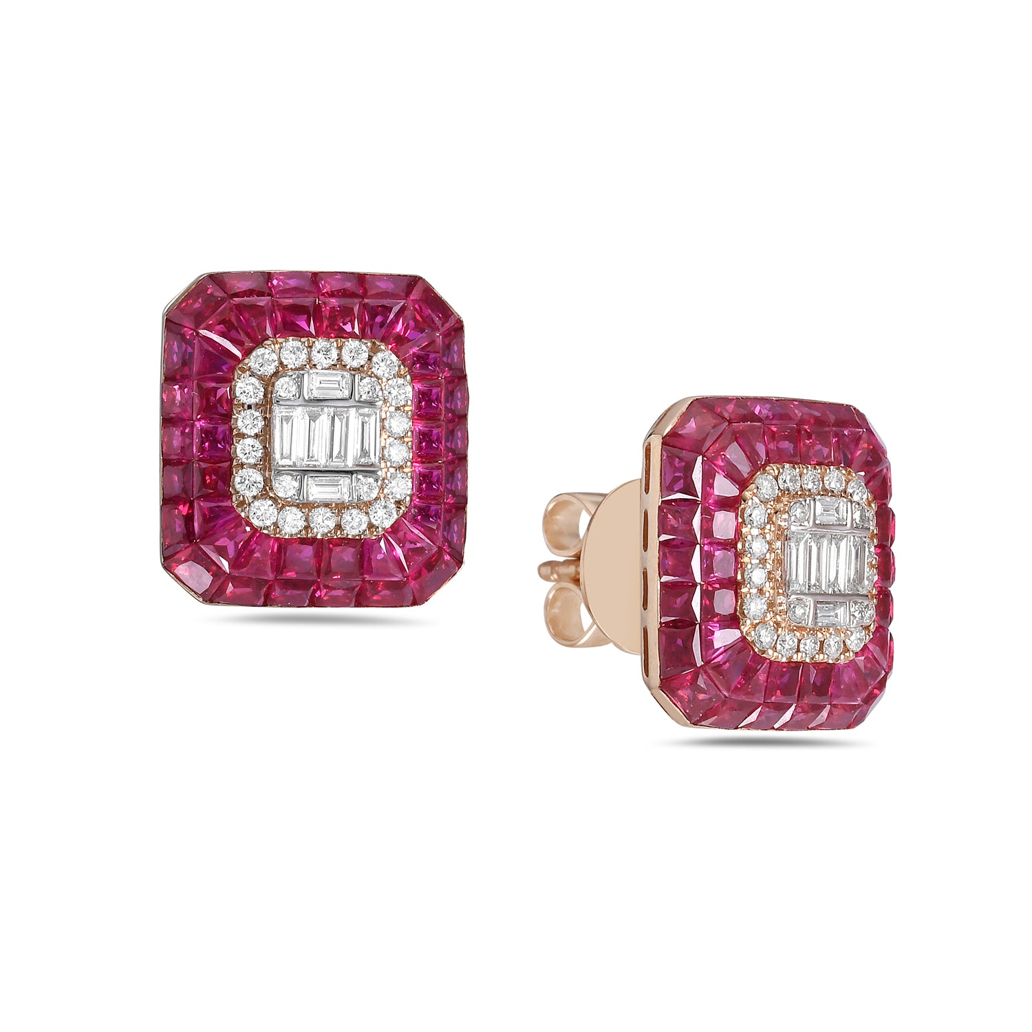 Rose Gold Channel Set Ruby Baguette Diamond Octagon Stud Earrings - Elegant Jewelry for Weddings, Parties & Special Occasions