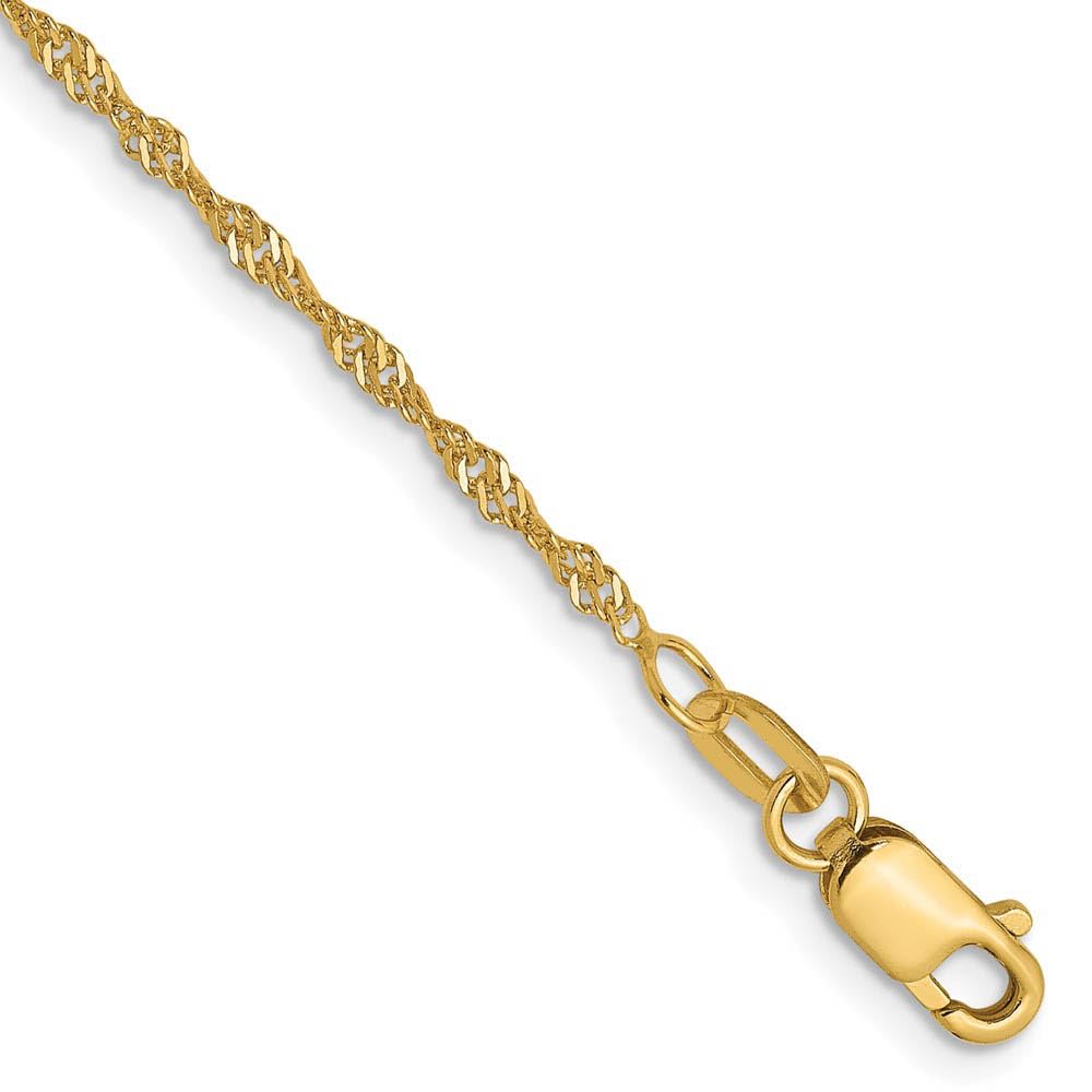 14K Yellow Gold Solid Singapore Chain Anklet - 1.3mm D/C Black Bow Charm - 9 Inch Adjustable Ankle Bracelet for Women, Perfect for Beach Vacations & Summer Fashion