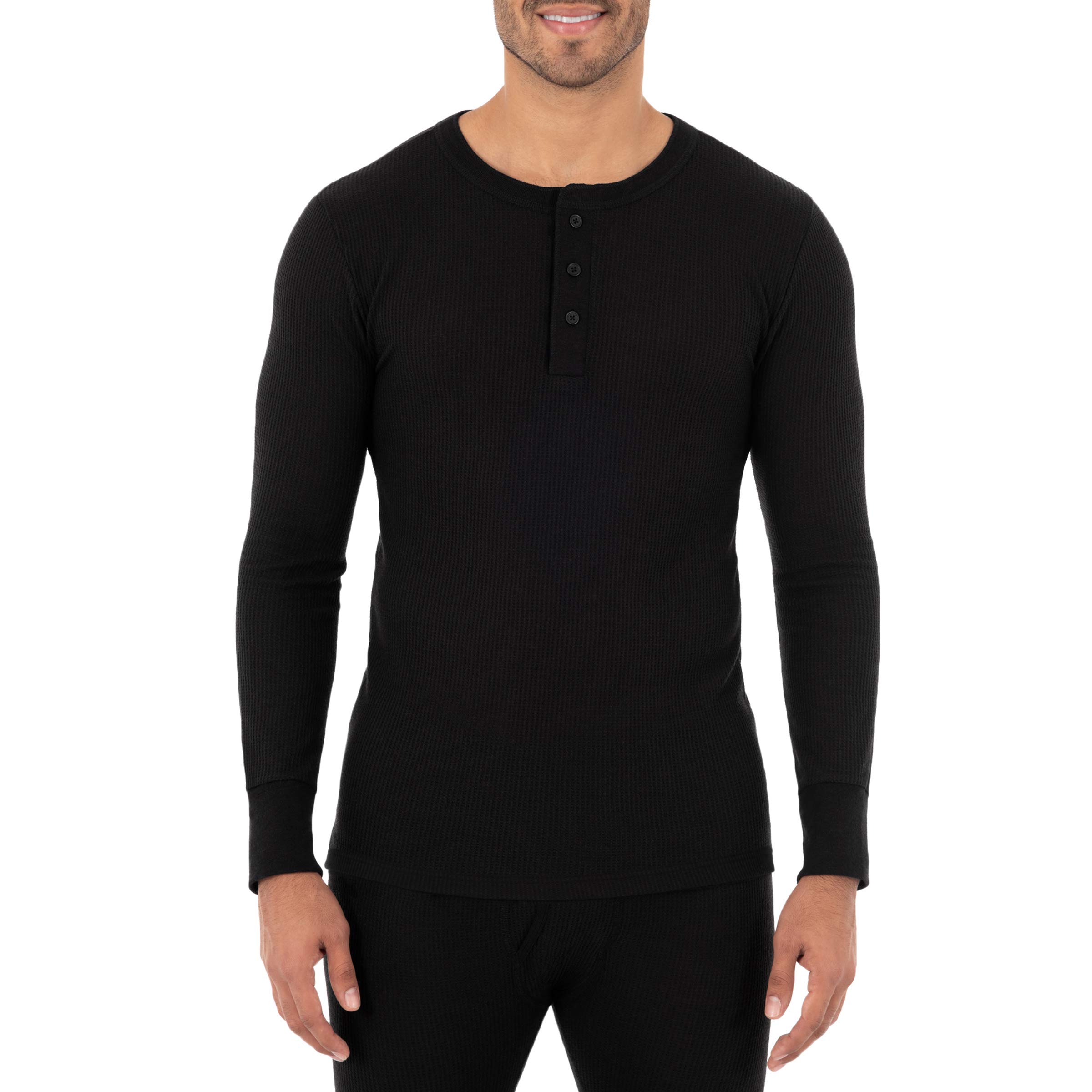 Fruit of the Loom Men's Recycled Waffle Thermal Underwear Henley Top - Eco-Friendly Warm Base Layer for Winter Camping & Outdoor Activities