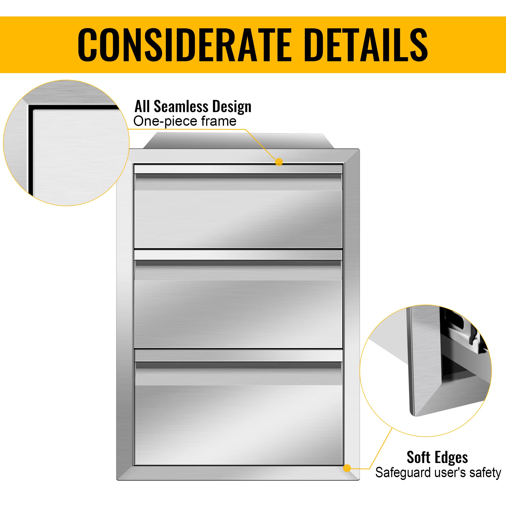 Stainless Steel Outdoor Kitchen Drawers - Flush Mount BBQ Island Drawers Without Handle, 16