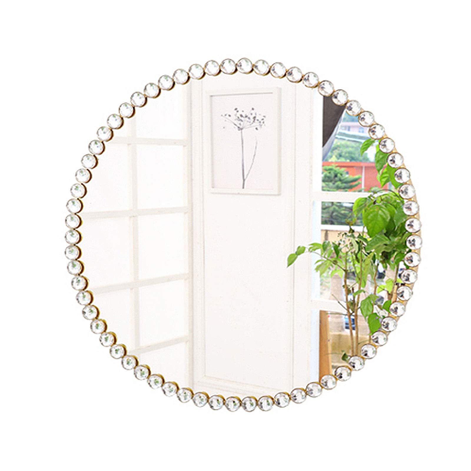 Round Bathroom Makeup Mirror with Acrylic Crystal Beads - Large Circle Wall Mirror for Living Room, Bedroom, Corridor & Hotel Decor - Elegant Metal Frame Vanity Mirror for Home & Commercial Spaces