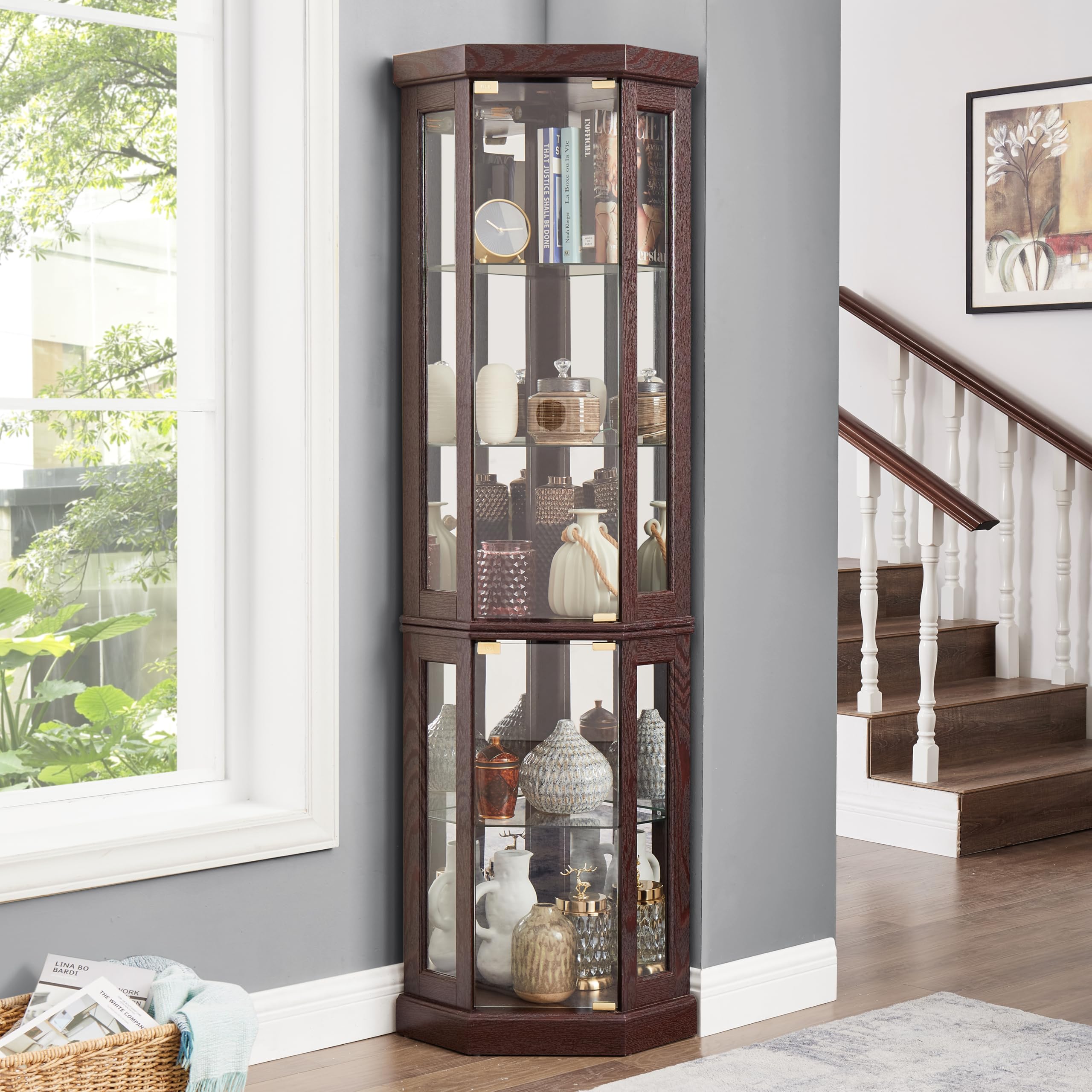 Dark Cherry Corner Curio Cabinet with LED Light - 69