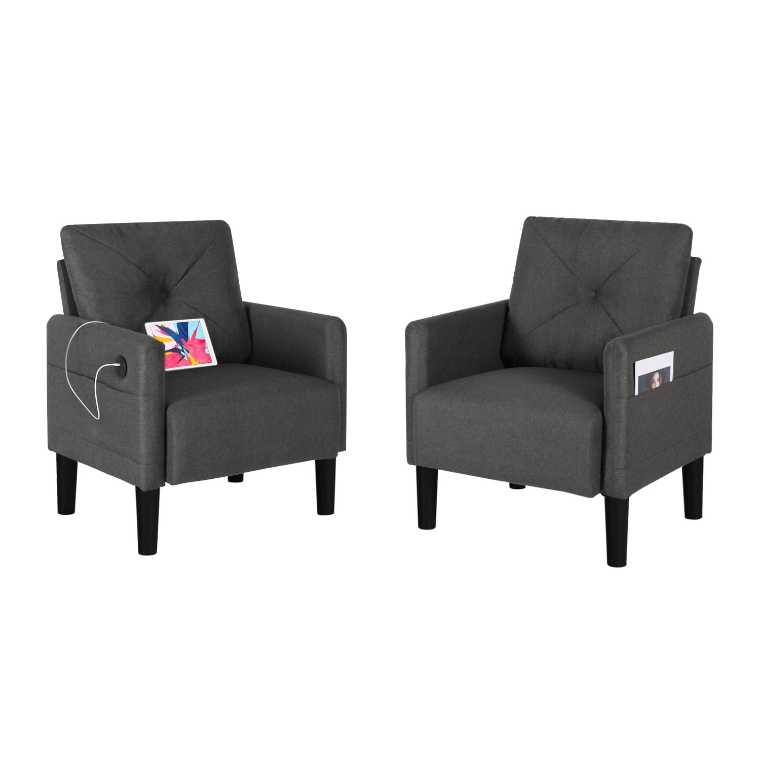 YIGOBUY 2-Piece Linen Fabric Accent Chair Set with USB Charging Ports - Comfy Armchair for Living Room, Bedroom, Office & Reading - Modern Single Sofa Chair for Home Decor & Relaxation - Perfect for Small Spaces, Apartments & Cozy Corners