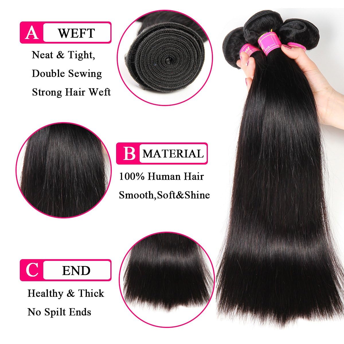QinMei 100% Virgin Unprocessed Brazilian Straight Human Hair Weaves - 3 Bundles (10A Grade, Remy, Natural Black) 20/22/24 Inch for Hair Extensions & Styling - Perfect for Daily Wear, Parties & Special Occasions