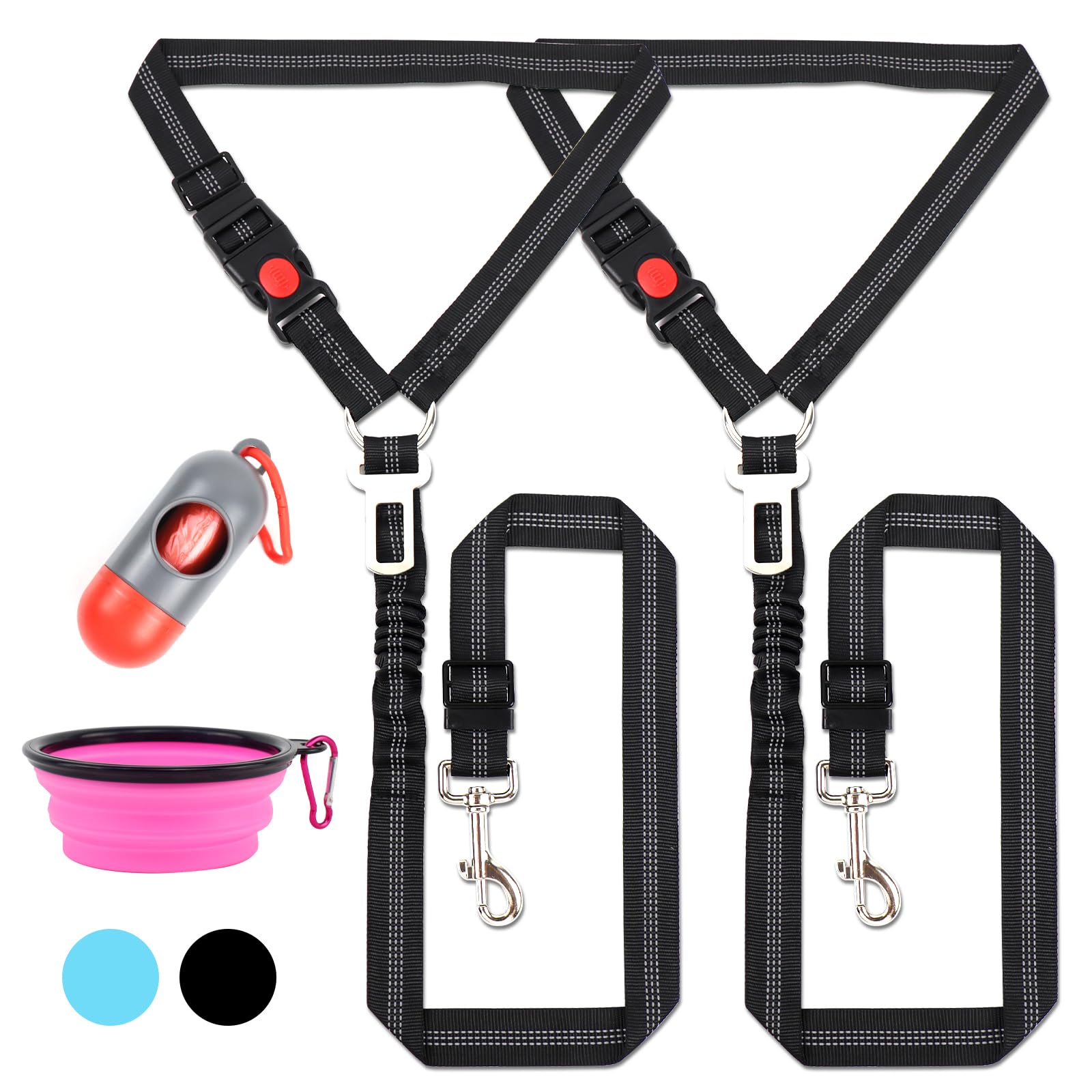 4-in-1 Dog Car Safety Set - Adjustable Pet Seat Belt Harness with Removable Hardest Seatbelts, Retractable Vehicle Headrest Restraint - Includes Poop Bags & Travel Dog Bowl (Black) - Perfect for Road Trips, Vet Visits & Daily Commutes with Your Pet
