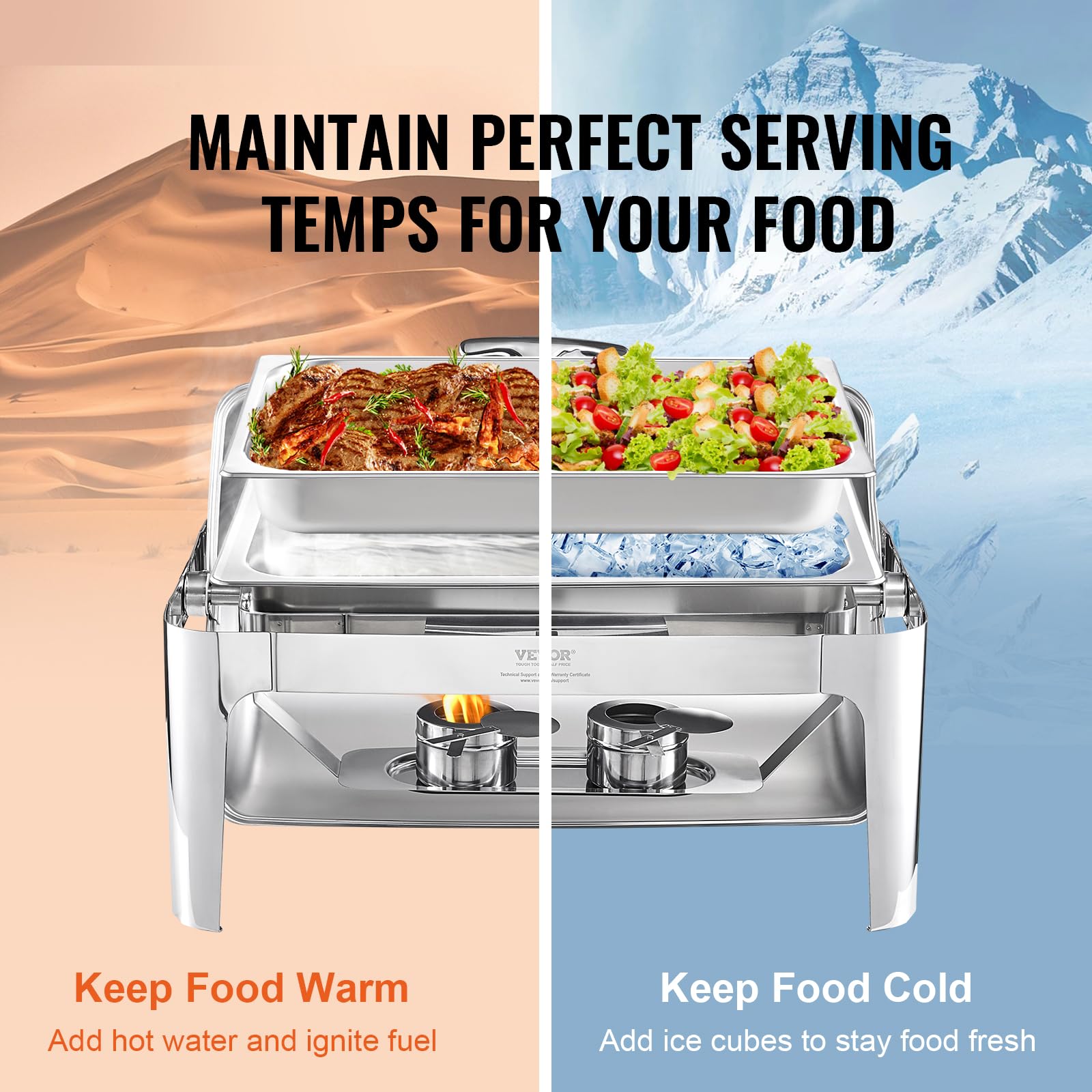 VEVOR 9 Qt Stainless Steel Roll Top Chafing Dish Buffet Set with Full Size Pan, Rectangle Catering Warmer with Lid, Water Pan Stand & Fuel Holder - Perfect for Buffets, Catering Events, Wedding Receptions & Serving 9+ People