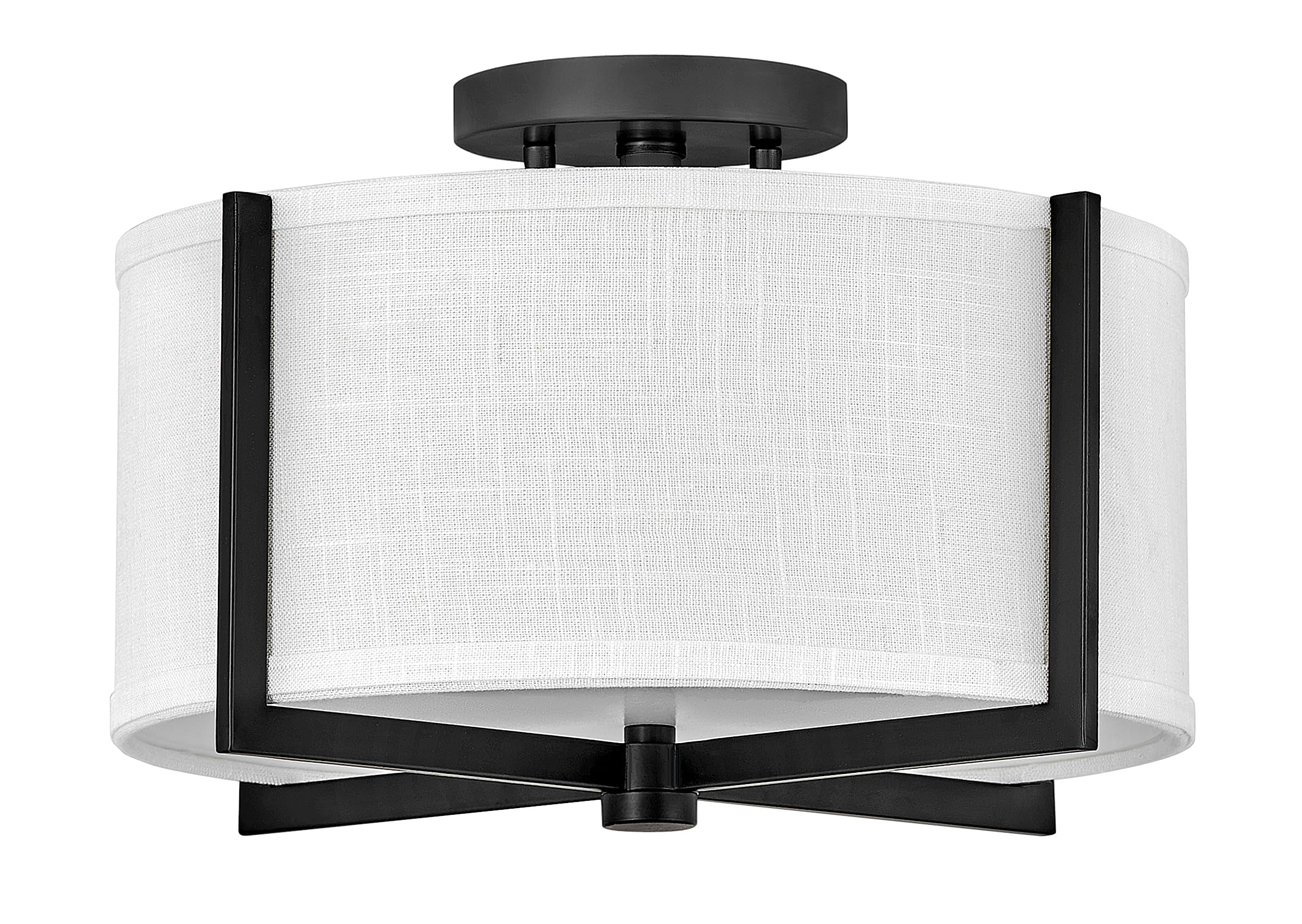 Hinkley Axis Two Light LED Semi-Flush Mount Ceiling Fixture - Modern Black Finish with Off White Linen Shade - Galerie Collection for Living Room, Bedroom & Dining Room Lighting