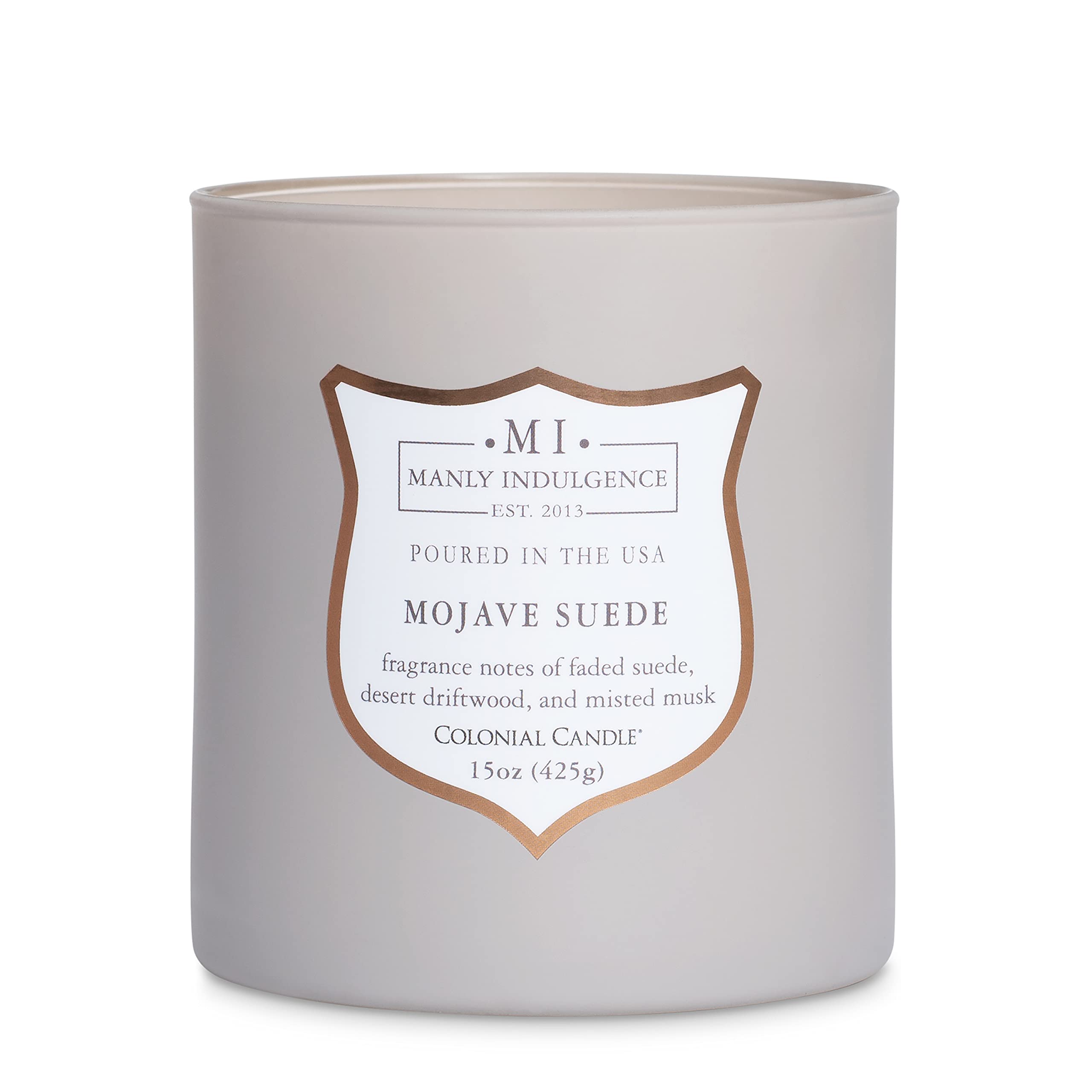 Manly Indulgence Mojave Suede Scented Jar Candle - Signature Collection with Wood Wick, 15oz (60 Hours Burn Time) - Grey Aromatherapy Candle for Home, Office & Relaxation