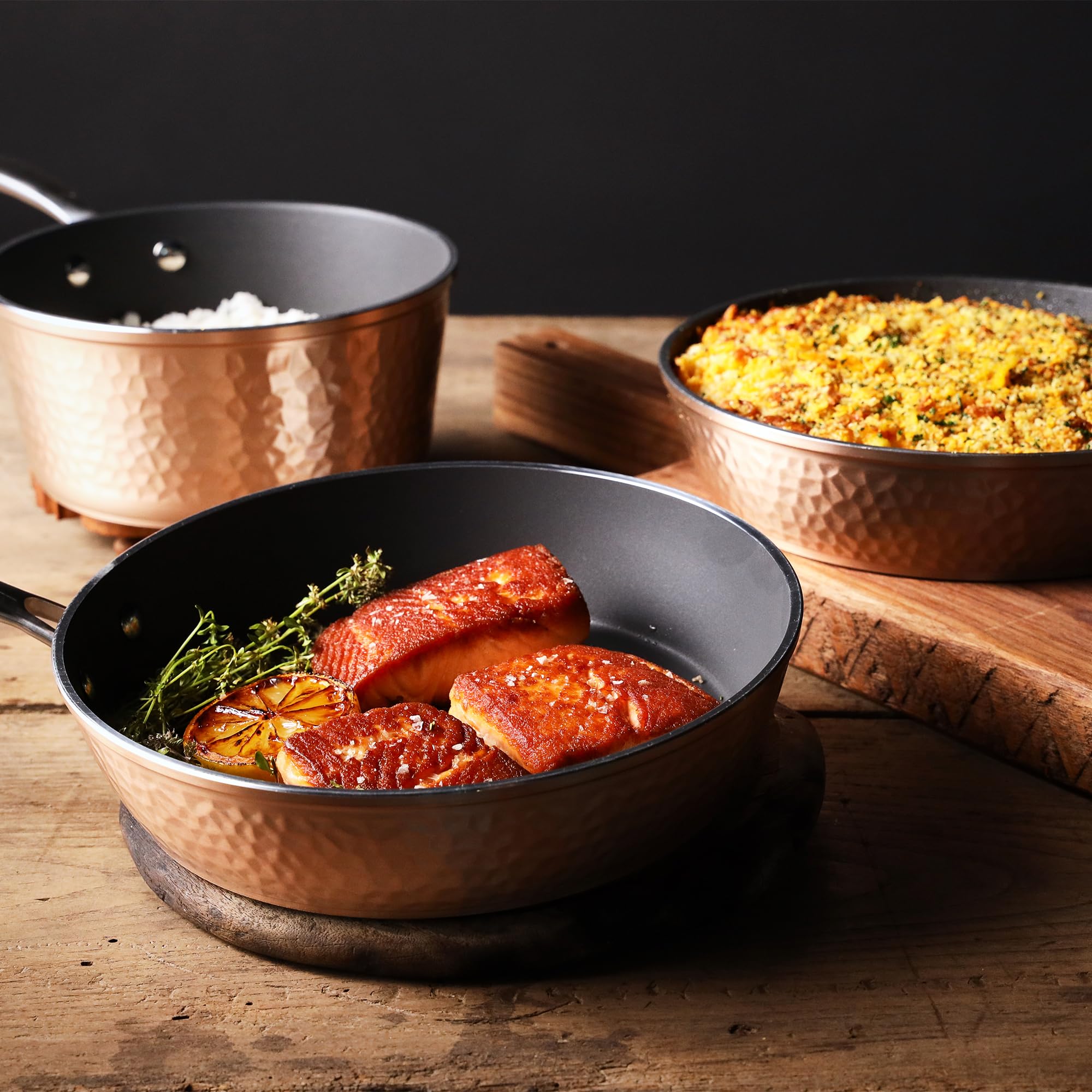 10-Piece Ceramic Non-Stick Cookware Set with Glass Lids - Rose Gold Hammered Design, Oven & Stove Top Safe (500°F), Lightweight & Durable Pots and Pans for Everyday Cooking, Frying, Baking & Serving