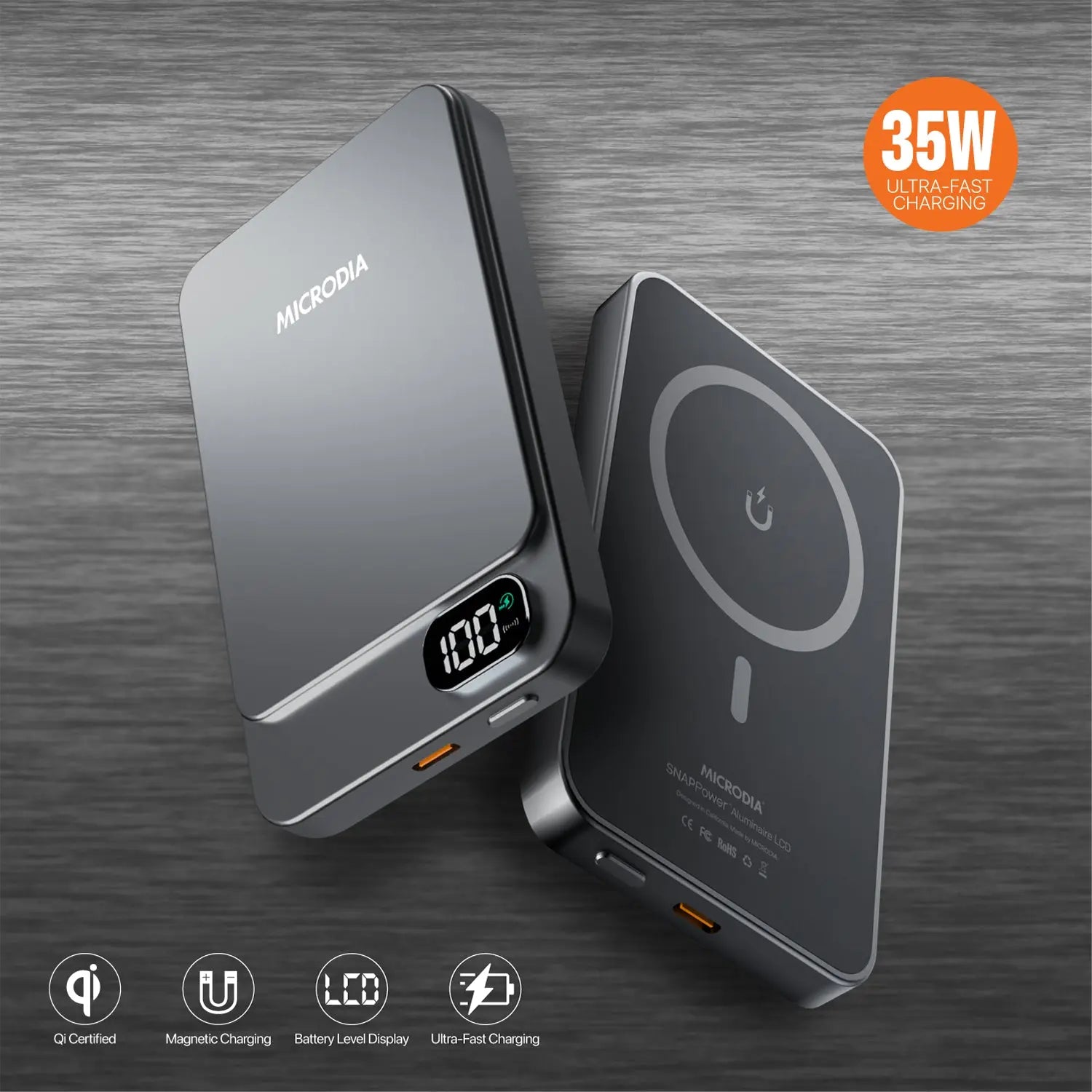 MICRODIA SNAPPower™ Aluminaire LCD Magnetic Wireless Power Bank - 5000mAh/10000mAh Portable Charger for iPhone, Samsung & Smartphones - Perfect for Travel, Office & Outdoor Adventures